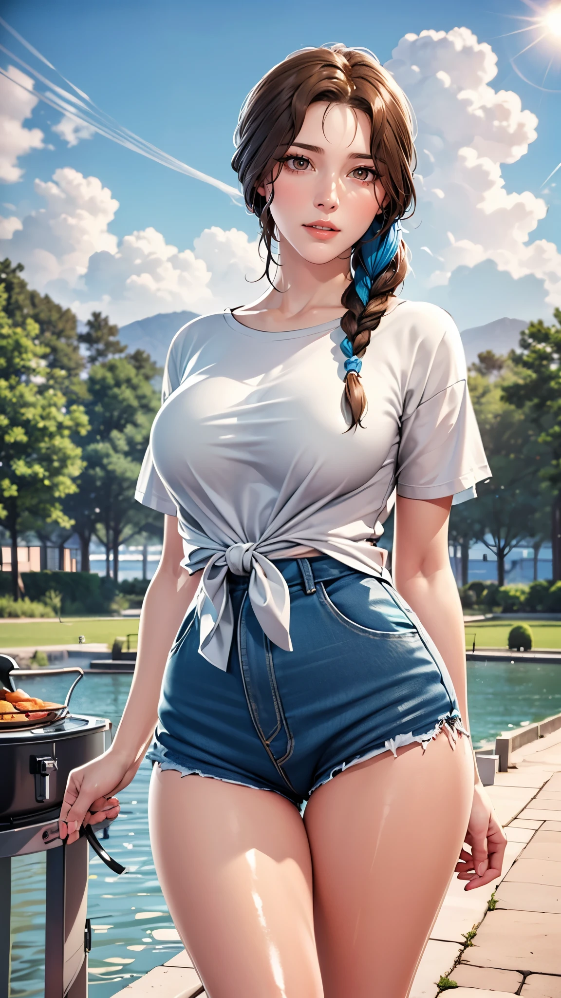 (masterpiece),(best quality),masterwork,semrealistic,realistic,mature female,(wide hips:1.1),fair_skin,shiny_skin,3d render,perfect figure,white skin,ajumma,brown eyes,braid,long hair,braided ponytail,(single braid:1.1),(hair over shoulder:1.1),bangs,masterpieceest,high resolution,masterpiece,quality,best quality,exquisite facial features,light in eyes,(medium breasts:1.1),micro_shorts,tied_shirt,blue_shorts,white top,park,(grillby:1.1),forest,sun,white clouds,blue_sky,lake water,grill,full_shot,white sneaker,
