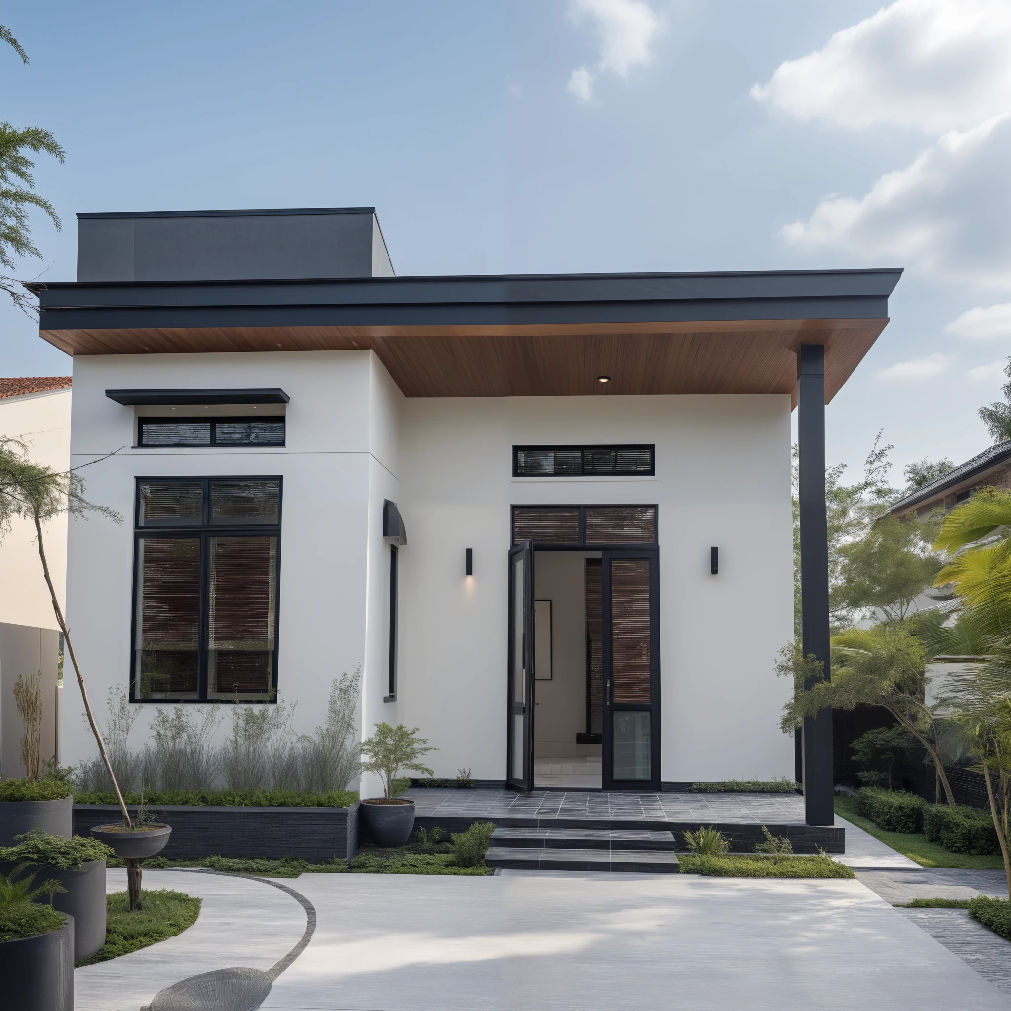 (masterpiece:1.2), best quality, photo of A two-story modern house with white walls and dark tiles on the roof, tree and plant, streetcapes, natural light, The exterior of an elegant single family home features large windows, a dark gray door frame.