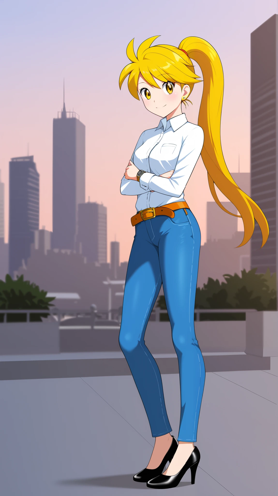 (( top quality)), (( Masterpiece)), ( Details), 1girl , Two legs, two arms, golden hair color, ponytail, long hair, yellow eyes, yellow earrings, white button shirt, Blue jeans, belt, black high heels, Height, アニメ塗り絵, Watch viewers, 1 Female, , is standing, whole body, cross arms, slim figure, sexy smile, seductive smile, City, (\ Pokémon\), score_9, score_8_ excellent, score_7_ excellent, score_6_ excellent, source_Anime, Cell Shading , flat color, vector,