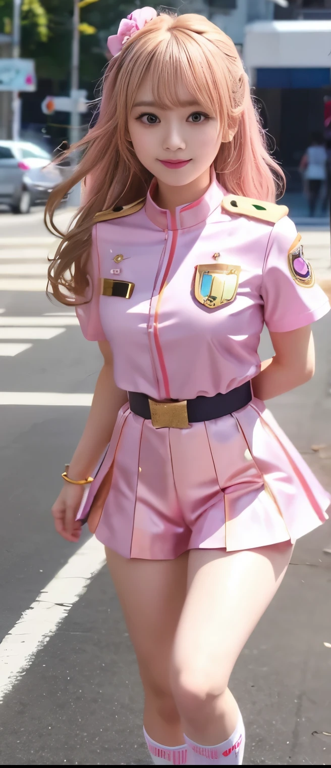 Pure Idol Girl 、A pure girl's face、 hypo、、Shiny Pink Uniform 、gold sequin tight shorts、Thunderbelt 、