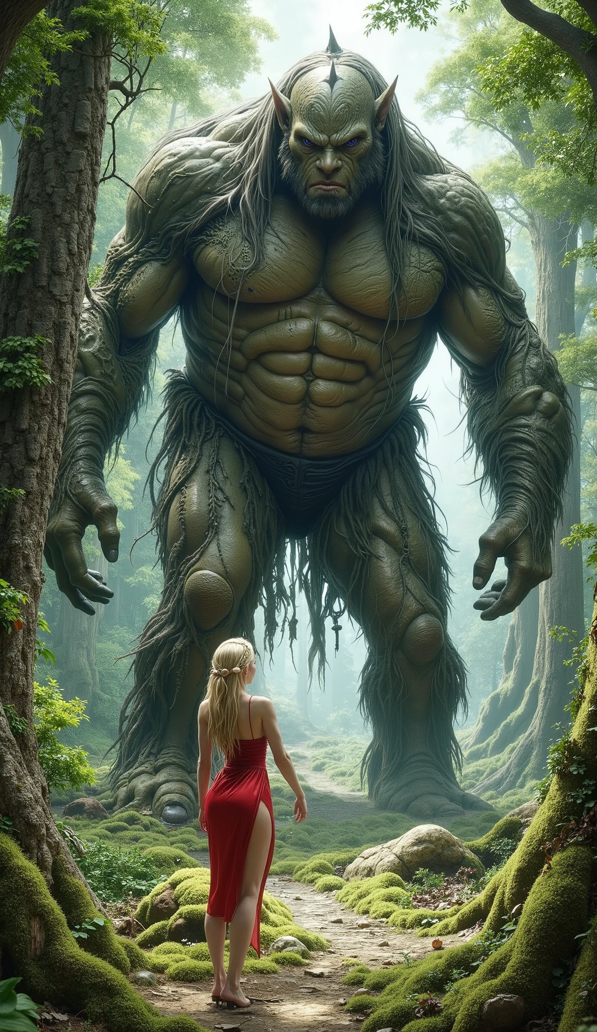 (8k,  top quality ,  masterpiece ,   Final Fantasy Style : 1.2), Proximity Method, 8k,  very well detailed,  accurate,  top quality,  masterpiece,, solo cute busty elf is talking to a Mysterious Forest Giant