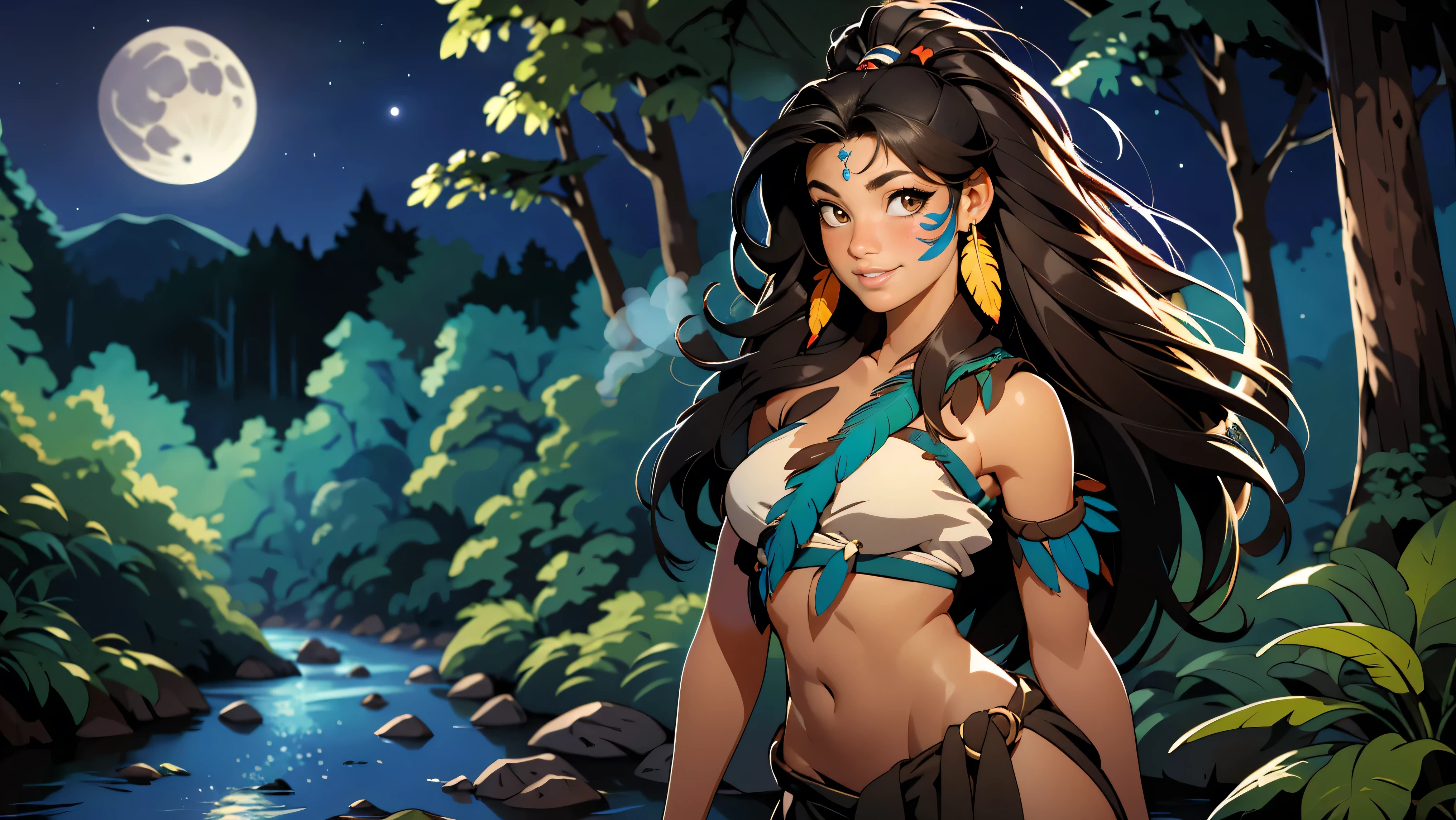 ((1girl)), ((solo)), (cute girl), (young girl), (), ((young)), native American alone at night in the forest, ((face paint)), ((dark skin)), adorned with beads and feathers, moonlight, ((brown eyes)), ((dark eyes)), ((beautiful face)), ((Long black hair)) ((straight hair)), ((feathers hanging from her hair)), ((small breast)), ((exposed breast)), upper body, ((slim waist)), ((standing upright in a river in the forest with the moonlight steaming through the leaves)), ((sexy pose)), navel, ((no top)), seductive smile, waterfall in the background, ((vibrant colors)),
