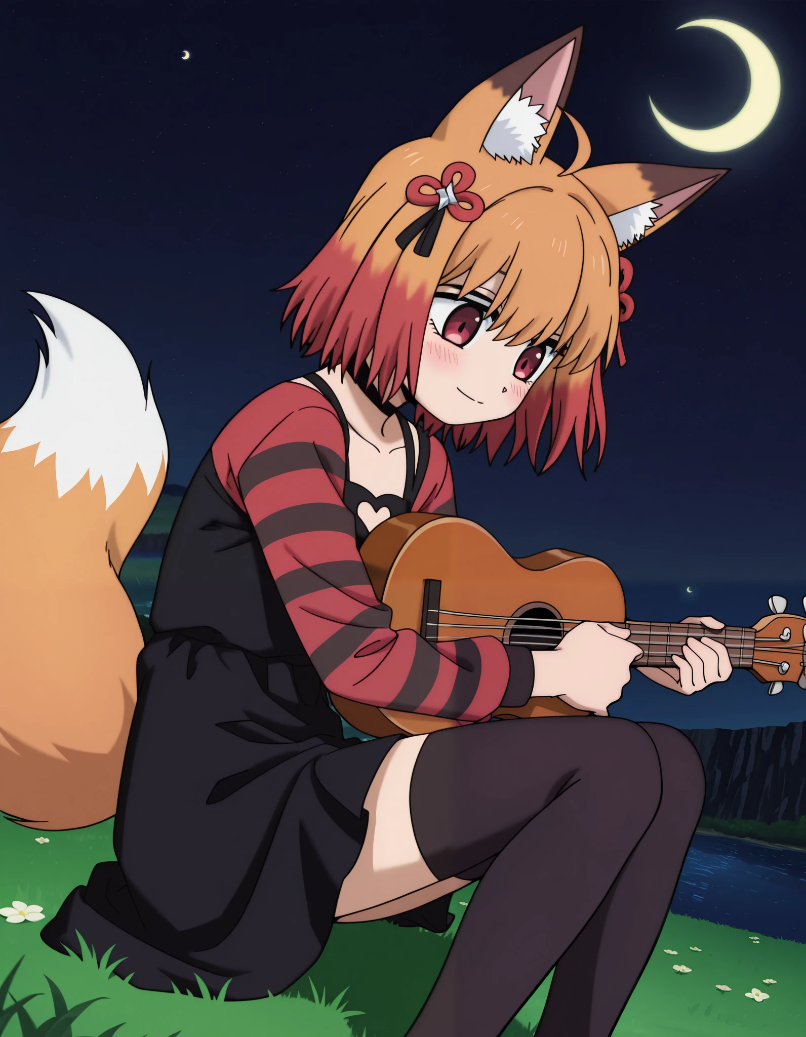 masterpiece, best quality, very aesthetic, absurdres, safe, 1girl, cute, petite, solo, animal ears, animal ear fluff,fox girl, fox ear, fox tail, cute, from side, upper body, feet out of frame, looking down, light smile, blush, closed mouth, standing on grass, ukulele, both hands holding ukulele, strumming, knees up, red eyes, ahoge,  short hair,  orange hair, hair between eyes, multicolored hair, two-tone hair, red  hair, hair ornament, flower knot, leaves, bangs, black choker, black dress, heart cutout, black-red sleeves, striped, long sleeves, scoop neck, black thighhighs, outdoors, night, crescent moon, cliffs, river, grass, soft focus, anime screencap, dynamic pose, Sakamoto Days, 