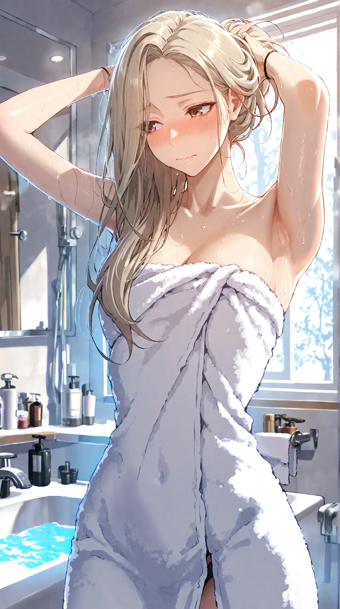 (white hair:1.3),long hair,medium breasts,red eyes,(straight hair:1.2),<lora:naked_towel_v0.1:1>,(naked towel:1.3),cleavage,cowboy shot,adjusting hair,indoors,bathroom,, ((((masterpiece)))),(((hyper detailed))),(((highres))),((good anatomy)),(((best quality))),((an extremely delicate and beautiful)),((an extremely detailed and delicate)),((8k cg wallpaper)),((illustration)),hiten1