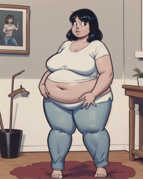 Fat obese, sssbbw, gluttony, high school girl, pixar animated, toothy grin, grabbing belly, Masterpiecev10, Extremely detailed, belly hanging out, sexy, sensual, ((black striped shirt)), black lipstick, black hair, tan skin