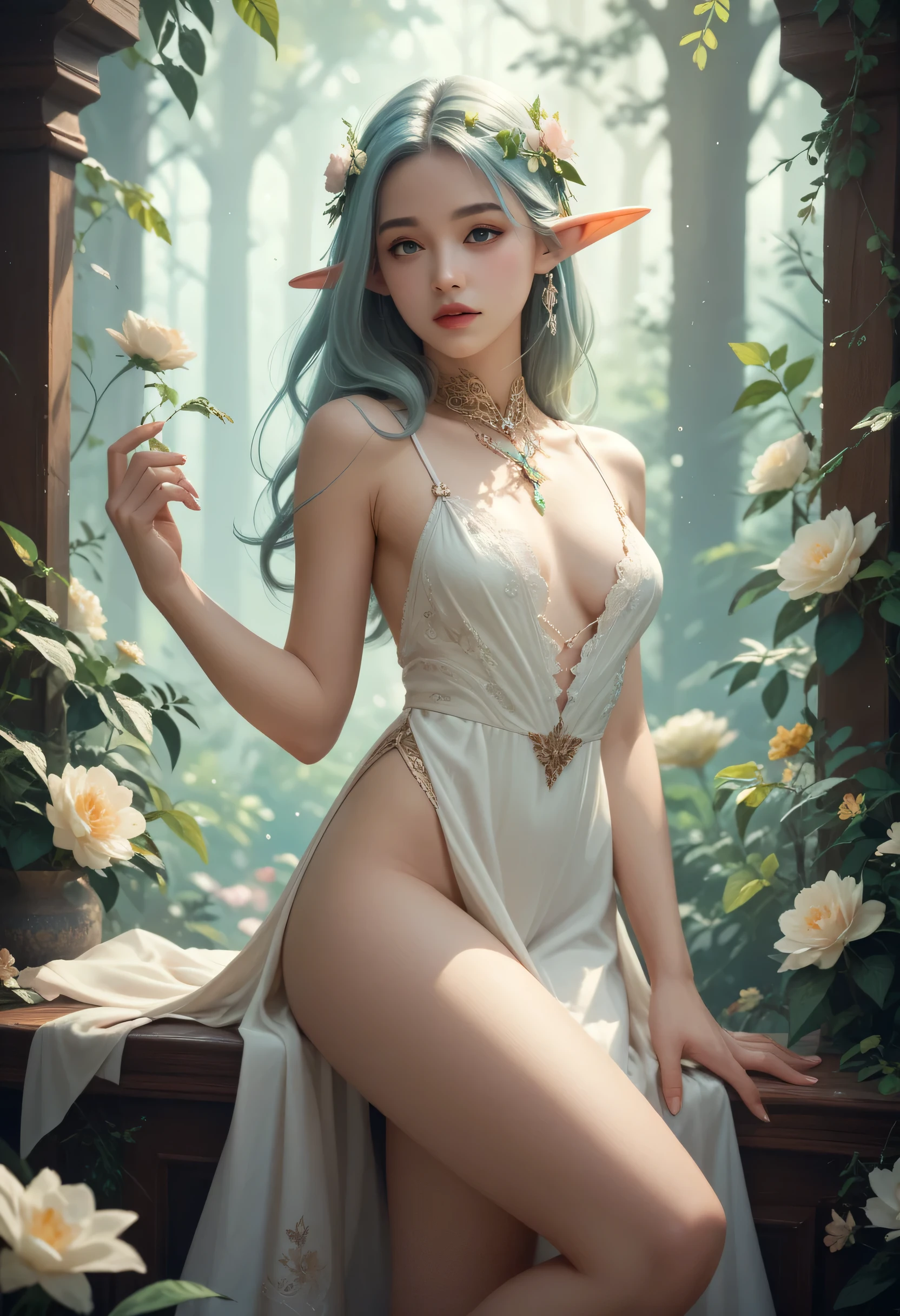 (MASTERPIECE), (Best Quality), (Ultra Detail), (Best Anatomy), (Best Hand Fingers), Official Art, One Girl, Priestess , See-Through Robe, flat chest, Off Shoulder, Thigh Focus, Navel Out, Card Illustration, Deep Forest Fountain