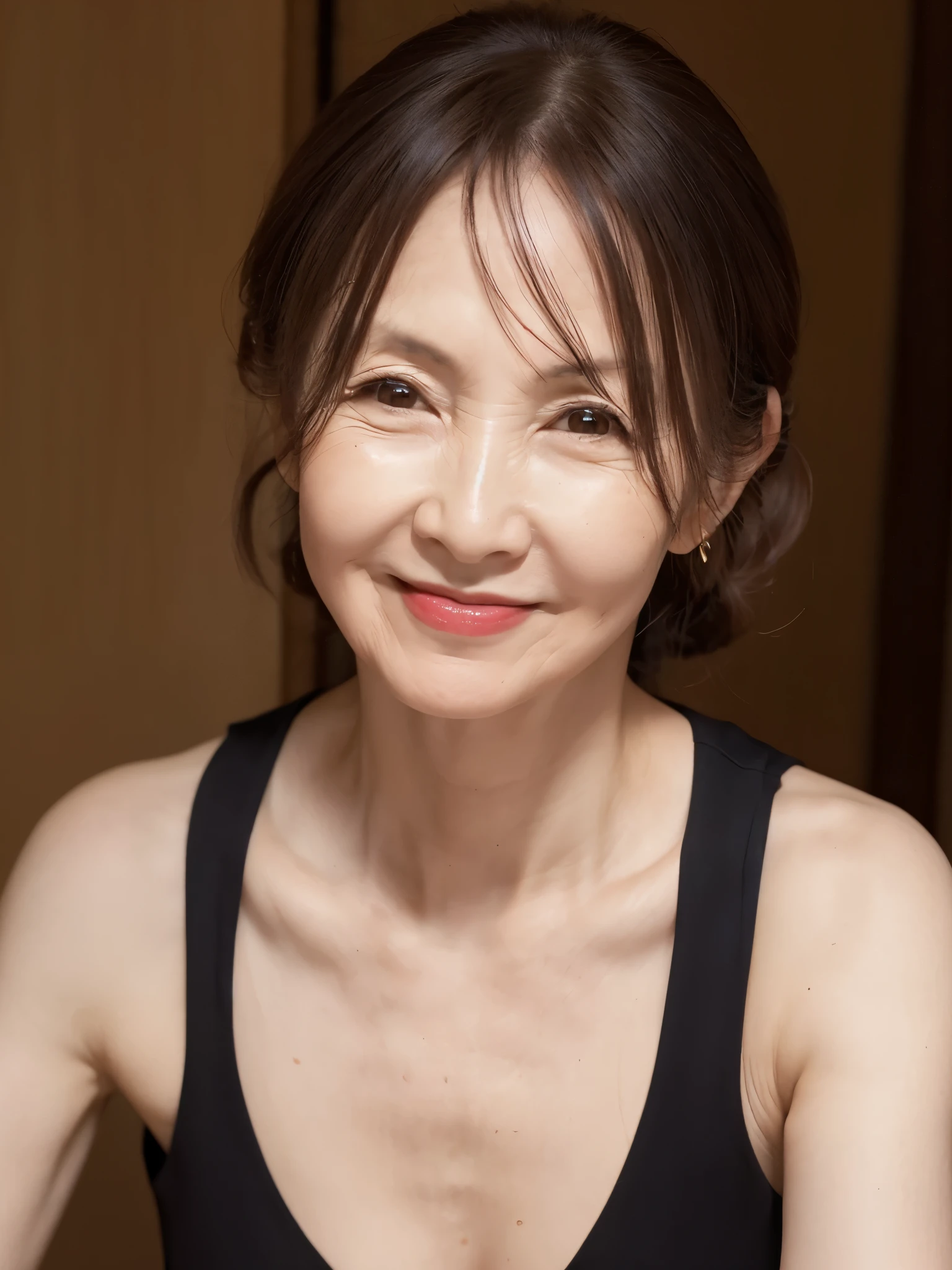 (( top quality)), ((8k)), (( masterpiece:1.3)), ( PERFECT LOOK ), ( photorealism:1.6), (JMA), (K), ( Portrait of a Japanese Mature Woman), blurry background, Japanese woman, 60 years old, (( feels just like the real thing )), ( Shows Fine Lines Across Her Skin ), (Dullness), (Dehydrated skin:), ( facial wrinkles), ( Wrinkles Around Eyes ), double eyelids, Lower eyelid tear sulcus, and look this way, serious expression, (Dimples), break( red lips), break ショートヘア, smiles softly, Soft summer dress, Wide armholes, sleeveless, pumps, Tiny Breasts , Tiny Breasts , file, ( file), (Slimming), ( upper body), the view from my feet,
