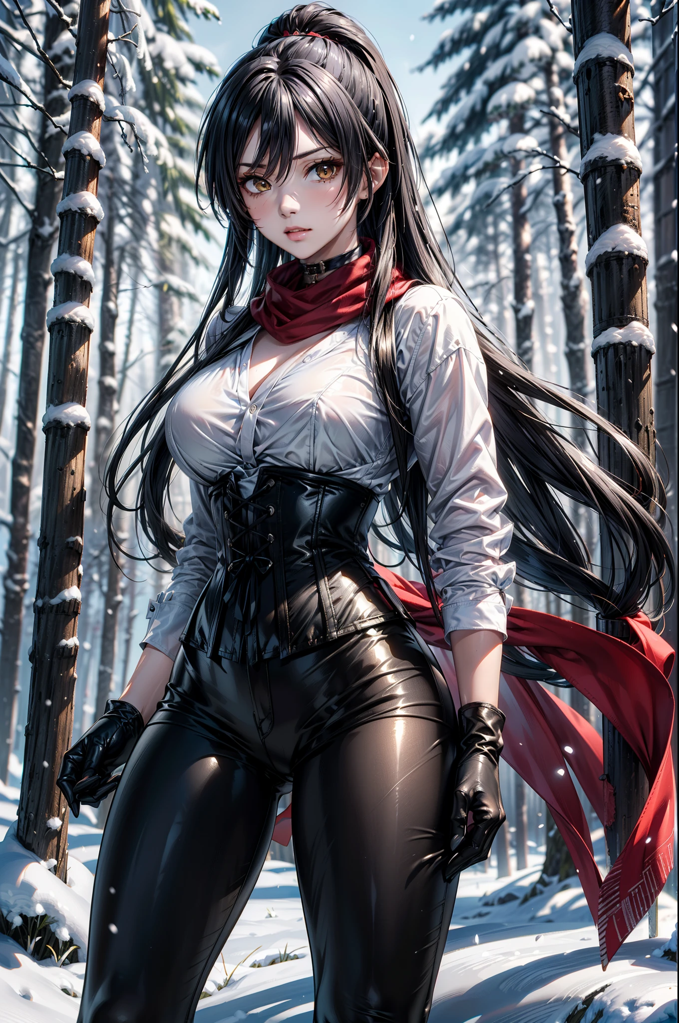 1 woman, woman fighting two zombies, High school girl swordsman, holds a katana in his right hand, long black hair, beautiful eyes, detailed eyes, Red eyes, choker:1.6, captivating look, wearing a white long-sleeved button-down shirt, big breasts, shiny black tight leggings, Snowy forest, snow night, Dark, Moonlight, absurd, high resolution, ultra-sharp, 8k, Masterpiece, front view, looking at the viewer
