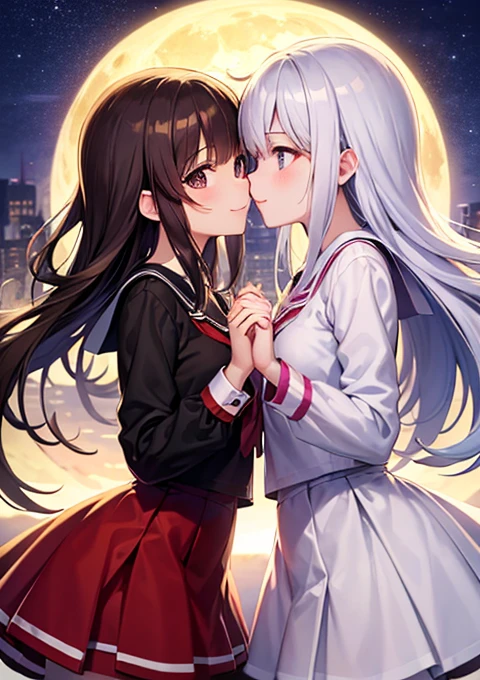 Anime couple in school uniform, anime style 4 K, anime wallpaper 4 K, anime wallpaper 8 K, 4K anime wallpaper, anime art wallpaper 4 K, anime art wallpaper 4K, 4K manga wallpaper, Gwaitz, Los Tran and Makoto Shinkai style artwork, female and female couples hugging each other as the starry sky sparkles, (kiss:1.5), (school uniform:1.2), Capture the moment of exchanging kisses. The scene is depicted in an anime-inspired style, meticulously drawn in every detail and presented in 16k high resolution. The lighting is fantastic, with the intersection of starlight and moonlight, softly illuminating the couple. The colors take advantage of the contrast between the vivid colors of the school uniform and the deep blue and white of the starry sky. For compositions, use a medium telephoto lens and make sure the couple is centered on the screen. , shooting stars, detailed facial details