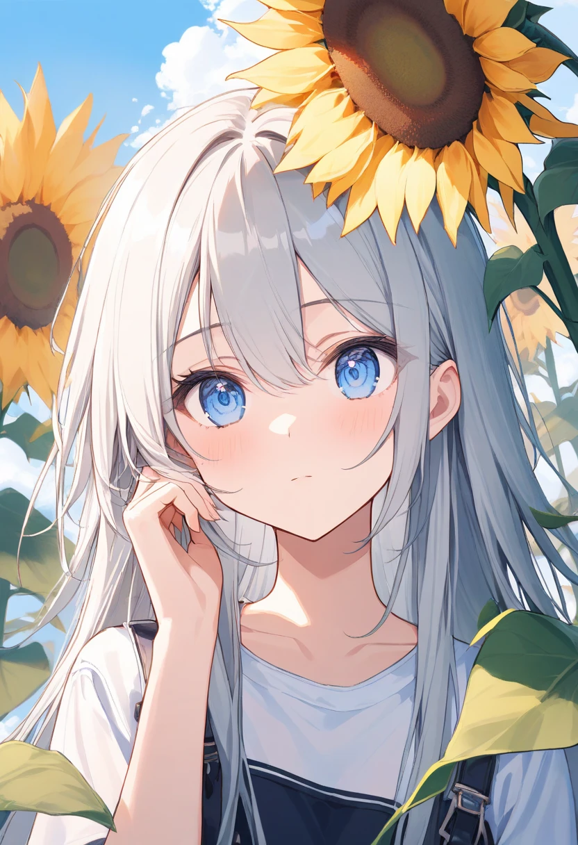 Masterpiece、Highest quality、Super detailed、Fluffy and soft long hair、Gray Hair、Eyes as pretty as flowers、Big Tits、Too big breasts、Sailor suit、summer、Sunflower field、hot、Sweat、smile、School Bags、blue sky、cumulonimbus、Light of the sun