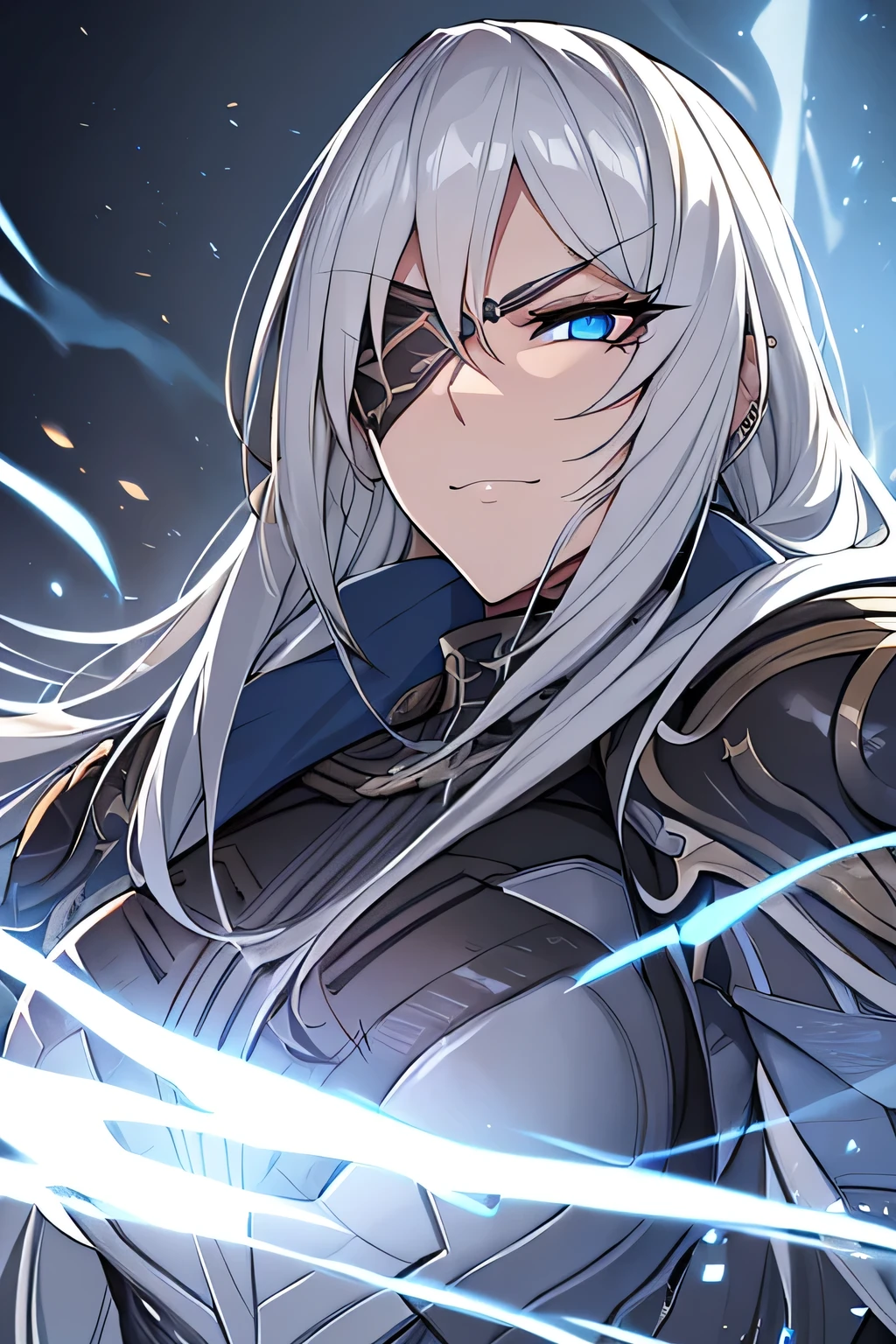 A highly detailed portrait of a tall, elegant yet fierce German female warrior with long flowing blonde hair and piercing blue eyes. She wears a sleek, futuristic black and silver combat suit inspired by Norse mythology, adorned with intricate Valkyrie motifs. A black eyepatch covers her right eye, adding to her mysterious and commanding presence. Her expression is a calm, superior smile that exudes both grace and menace. The background features a dark, futuristic battlefield with glowing red symbols and smoke. Ultra-realistic textures, cinematic lighting, 4K resolution, photorealistic rendering, artstation quality.