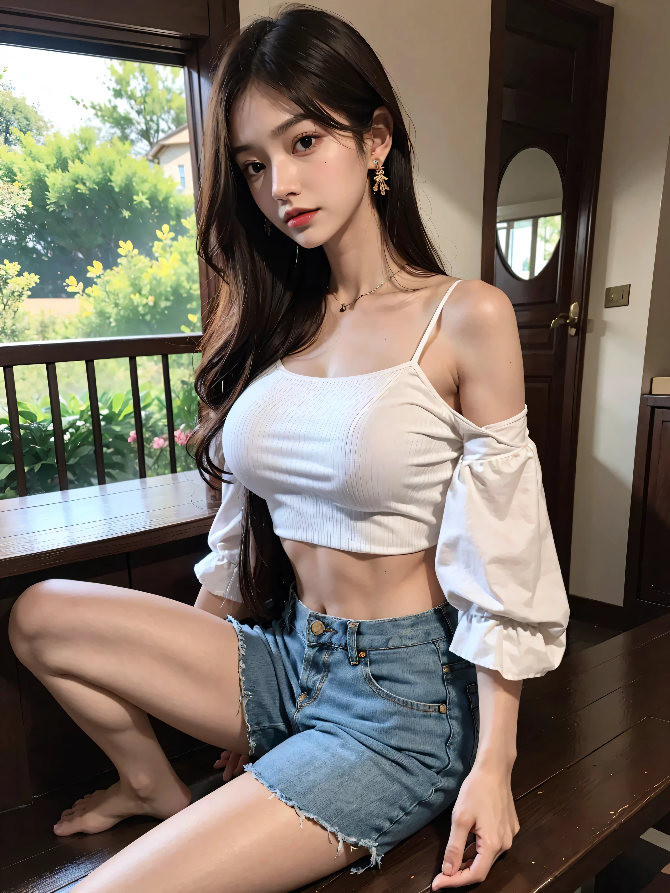 ((Best high quality:1.2)), Work of art, (8k), extremely detailed, ((High detail:1.2)), (HotLexi woman), Solo, ((24 years old pretty perfect Korean Ulzzang female:1.4)), (crop top, mini-shorts), (fix his hand to be anatomically correct),