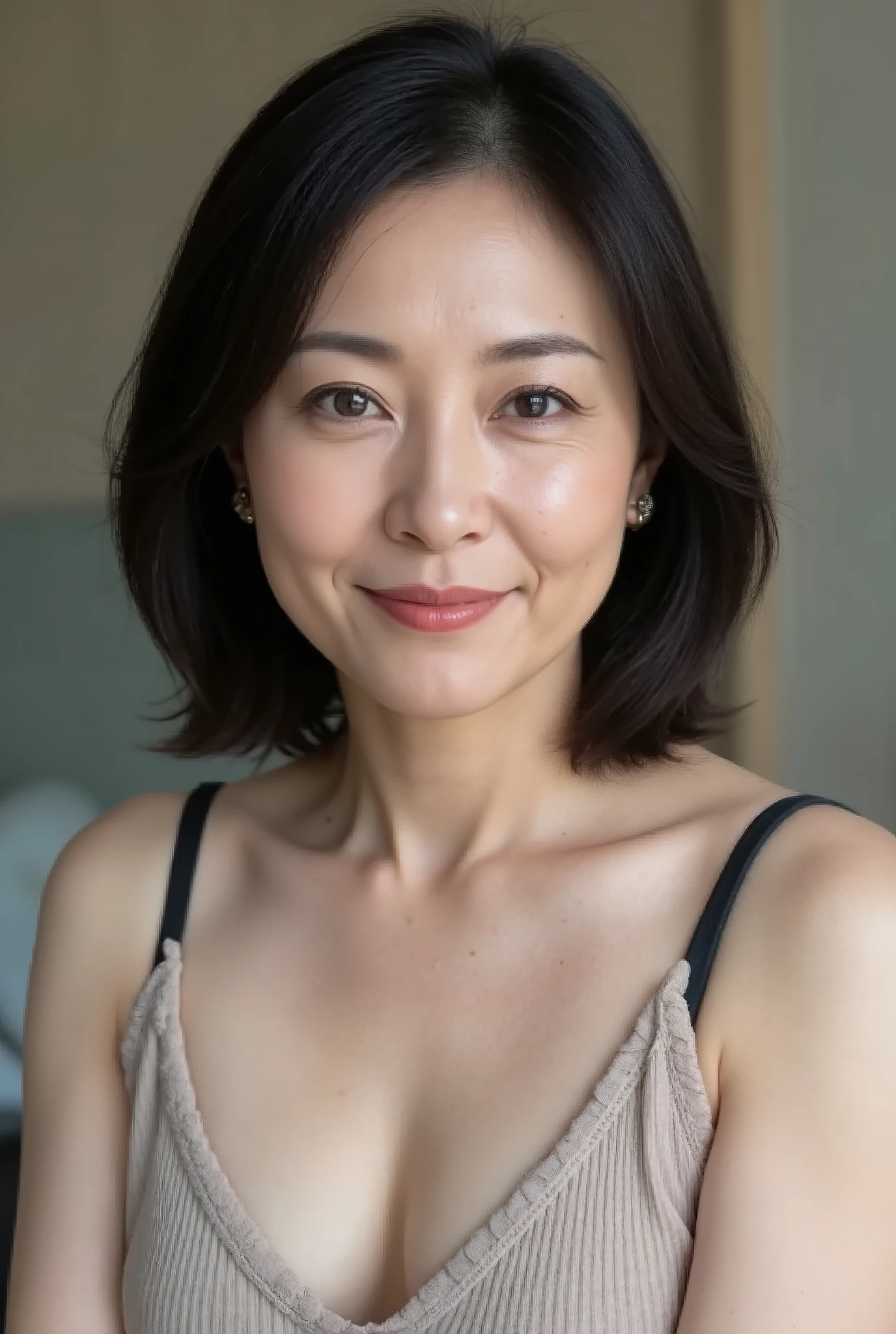 mature woman、 Japanese、48 years old (Mature Beauty: 1.5)、 kind, Enchanting Smiles 、( nasolabial fold :1.4)、 Natural Aging 、Warm Eyes 、( upper body close-up :1.3)、 Soft , Natural wrinkles 、 beautiful skin with glasses (1.4)、 very well detailed (1.4)、 Unmatched Beauty live venue with bedroom in the background 、(Eye Makeup:1.3)、 (( heavy makeup、 red lipstick :1.2))、( eyeshadow)、( mascara)、((( wave hair、 has compiled hairstyles in the update 、Short sleeve、A cup small breasts :1.3)))、 serious expression s at training camp 、 kind表情、 perfect feminine body line 、 beautiful posture standing gracefully 、 realistic (1.4)、 masterpiece、 top quality 、 Richly written 、 physics-based rendering 、 charming atmosphere that captures joy、((( clean fabric shirt )))、(((point: Knee-to-head shooting )))、(( tank top、 fitted to the body, miniskirt above the knee )) background: [bedroomをbackgroundに。 ((( [bedroom、 plump、45-year-old woman)))。((( serious expression 、 kind表情:1.3)))