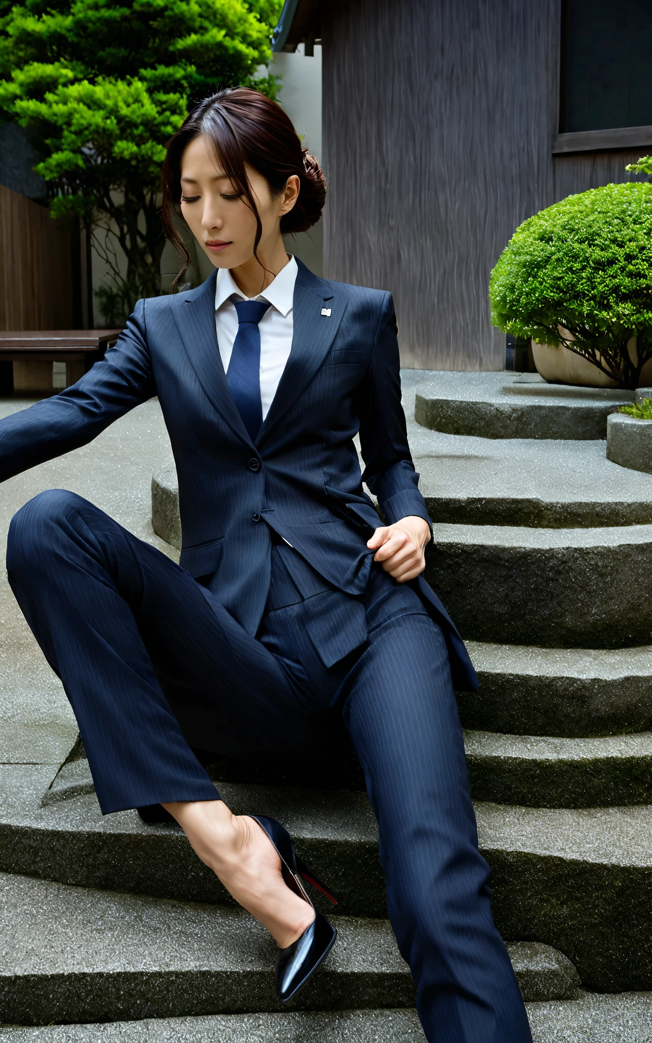 ((最 high quality, 8k,  masterpiece: 1.3)),  photorealistic,  sharp concentration,  high quality,  high image quality,  portrait, Alone, Japan,   audience intuition ,  beauty, 43 years old,  Skinny Body ,  wave hair,  Women's Business Suits , Wrinkles around the eyes,   open leg, Small backyard, 