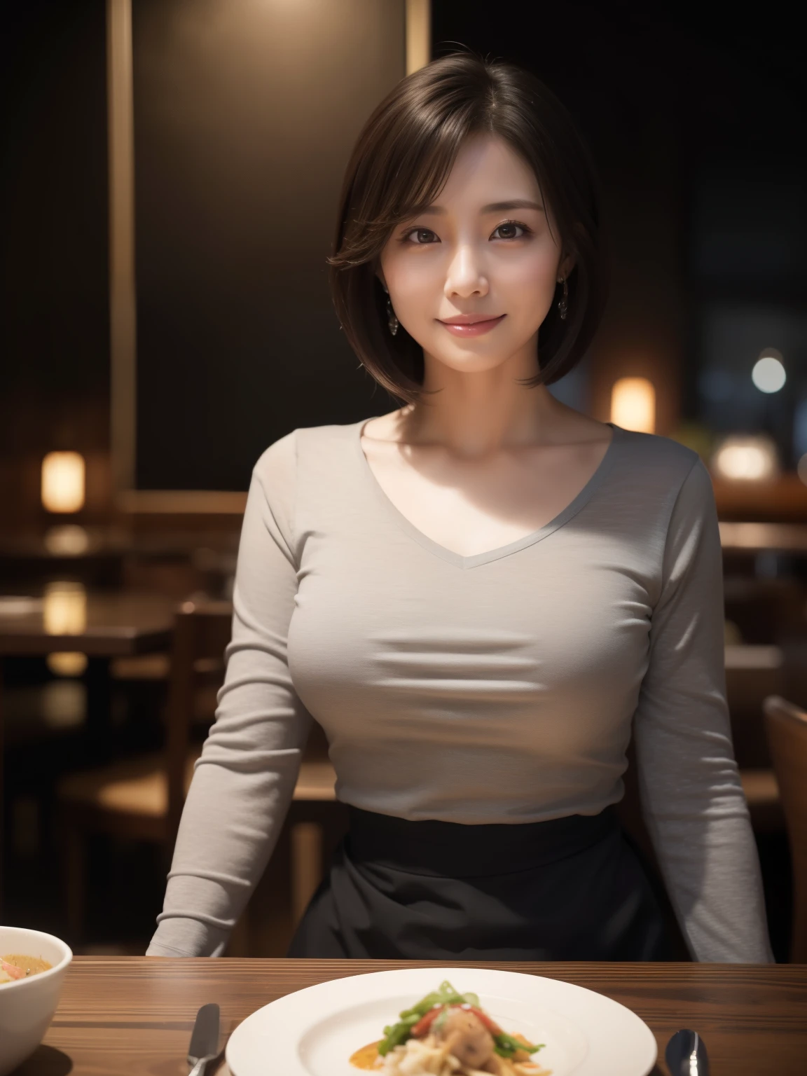 (( masterpiece))、(( top quality ))、reality、 high image quality 、Married women、40 years old、 short bob、 realistic background and accessories 、 soft breasted、grey v-neck long sleeve t-shirt with soft fabric、 see-through、 captivating gaze、((Restaurant dinner 、 spotlight、Dark background))、whole body、 saggy breasts、 soft long skirt、Wide angle、I'm not looking at the viewer 、 smiles、