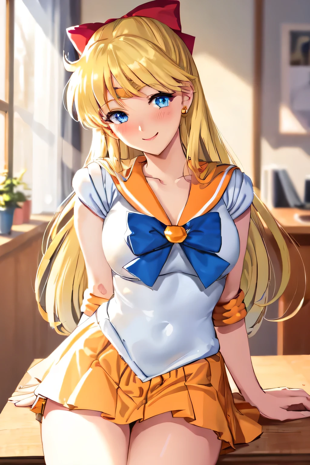 Masterpiece, top quality, Ultra Detailed, 8K, Anime, (Aino Minako), (Sailor Venus), 1girl, femdom, orange sailor, looking at viewer, smile, blush:1.2, blue eyes, deep yellow hair with red ribbon, orange pleated skirt, sitting on chair, girlsmeme