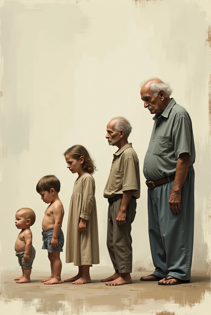child, a teenager, A young man, An adult and an old man, standing next to each other looking at each other