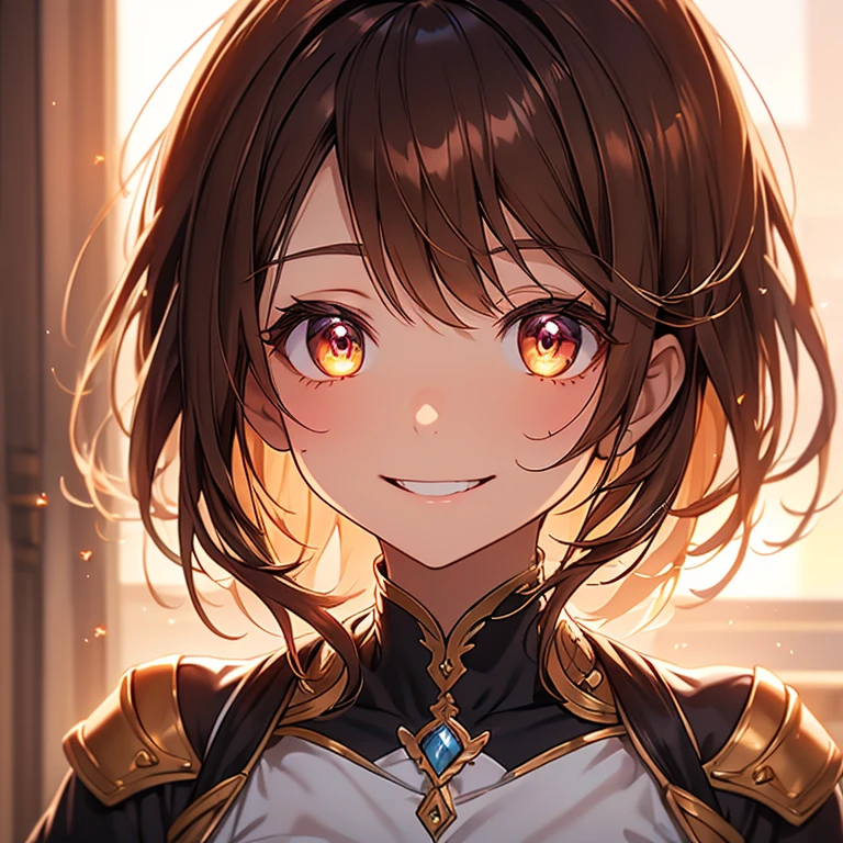 masterpiece,Best quality,Stills,1 Girl,Cloud Girl,Floating in the air,Close-up cleavage,bright,joy,Warm and soft lighting,Sunset,(spark:0.7)Front light,Brown hair,Grin,cute,rubbing edges,Happy Hug,Second Dimension,Japanese Manga,新海诚的masterpiece