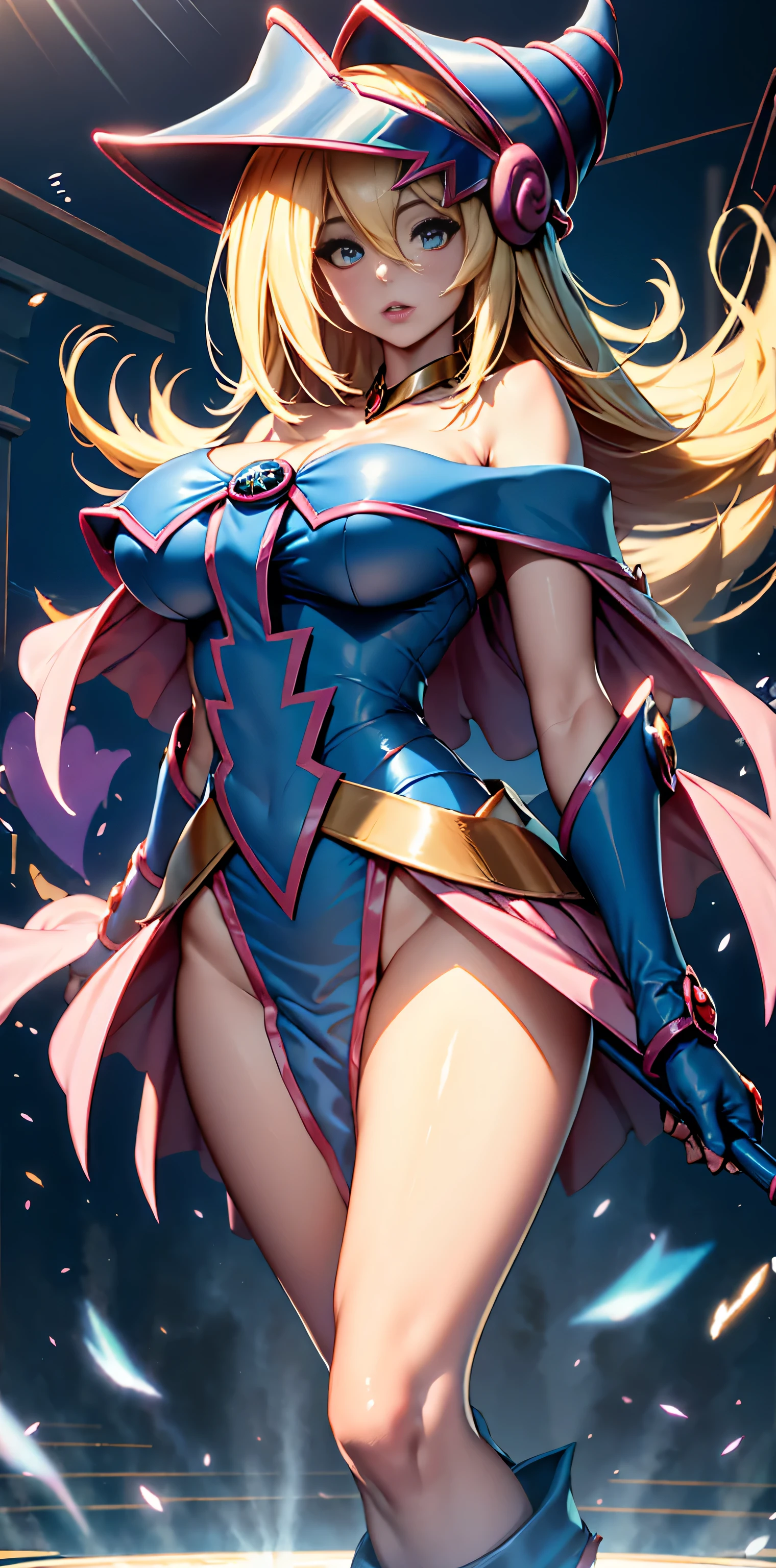 Black Magician Girl、super breasts、thick thighs、blonde hair、magic circle、magic wand、Leotards that dig into the buttocks、8K, 4k, highest quality, High resolution: 1.2),