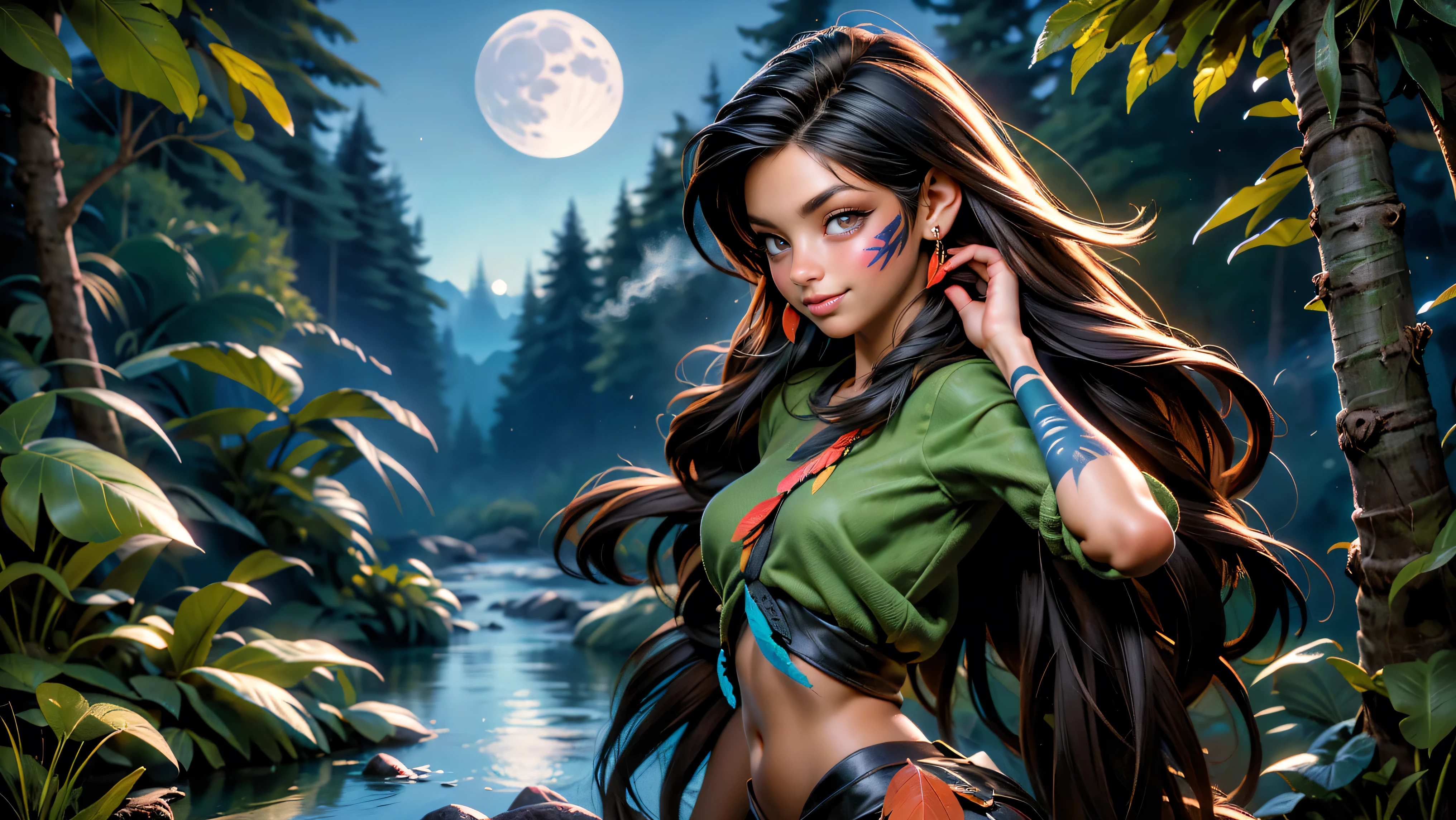 ((1girl)), ((solo)), (cute girl), (young girl), (), ((young)), native American alone at night in the forest, ((face paint)), ((dark skin)), adorned with beads and feathers, moonlight, ((brown eyes)), ((dark eyes)), ((beautiful face)), ((Long black hair)) ((straight hair)), ((feathers hanging from her hair)), ((small breast)), ((exposed breast)), upper body, ((slim waist)), ((standing upright in a river in the forest with the moonlight steaming through the leaves)), ((sexy pose)), navel, ((no top)), seductive smile, waterfall in the background, ((vibrant colors)),