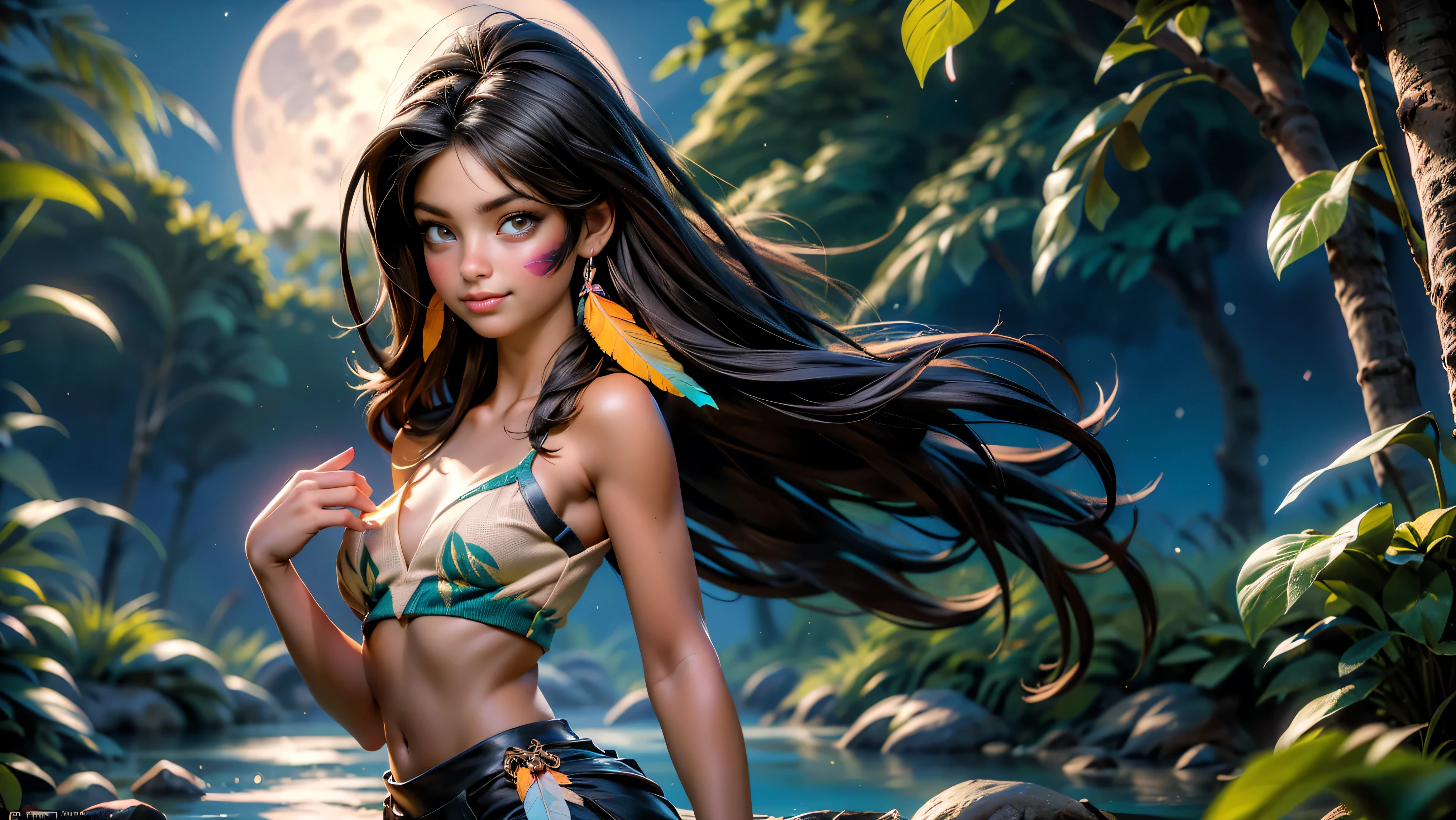 ((1girl)), ((solo)), (cute girl), (young girl), (), ((young)), native American alone at night in the forest, ((face paint)), ((dark skin)), adorned with beads and feathers, moonlight, ((brown eyes)), ((dark eyes)), ((beautiful face)), ((Long black hair)) ((straight hair)), ((feathers hanging from her hair)), ((small breast)), ((exposed breast)), upper body, ((slim waist)), ((standing upright in a river in the forest with the moonlight steaming through the leaves)), ((sexy pose)), navel, ((no top)), seductive smile, waterfall in the background, ((vibrant colors)),