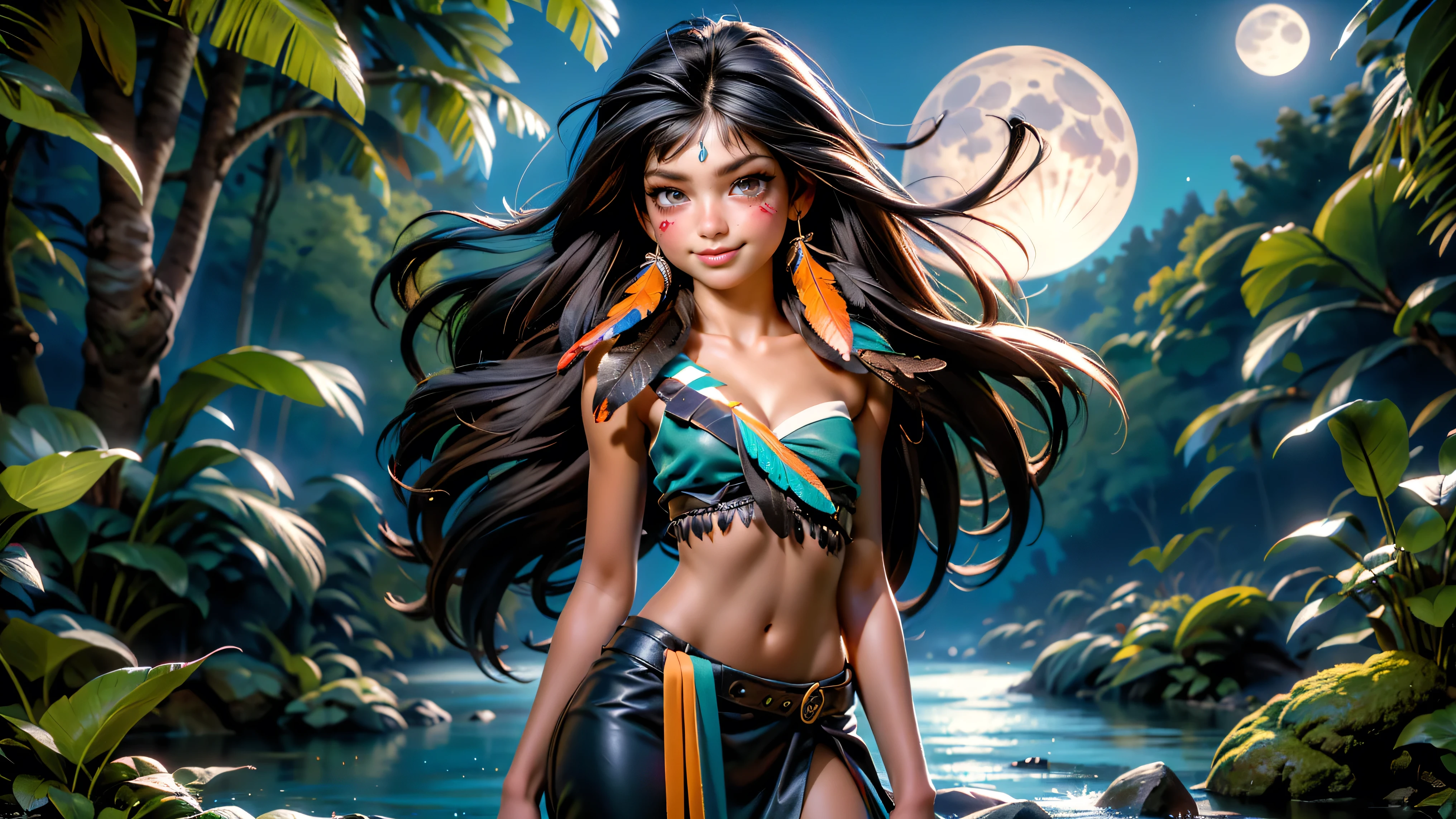 ((1girl)), ((solo)), (cute girl), (young girl), (), ((young)), native American alone at night in the forest, ((face paint)), ((dark skin)), adorned with beads and feathers, moonlight, ((brown eyes)), ((dark eyes)), ((beautiful face)), ((Long black hair)) ((straight hair)), ((feathers hanging from her hair)), ((small breast)), ((exposed breast)), upper body, ((slim waist)), ((standing upright in a river in the forest with the moonlight steaming through the leaves)), ((sexy pose)), navel, ((no top)), seductive smile, waterfall in the background, ((vibrant colors)),