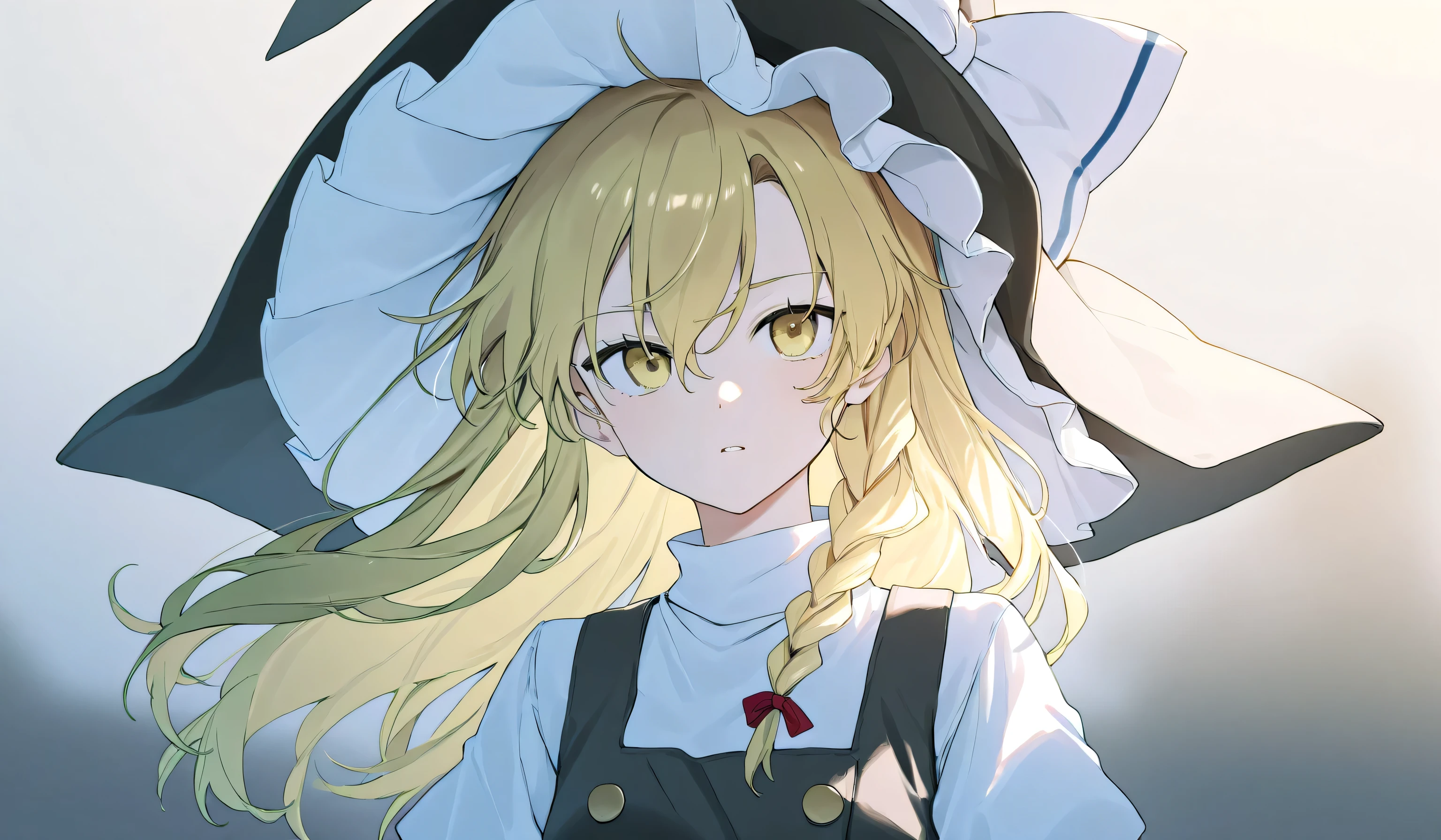  Kirisame Marisa、 Gold、 golden eyes、 beautiful and delicate eyes， best quality of wells，Superb product、Come on gray background 。 illustration depicting a point of view from a distance of a few meters。solo。Diagonal side view illustration。Illustration of turning back to grint and emphasizing 、 eyes 。