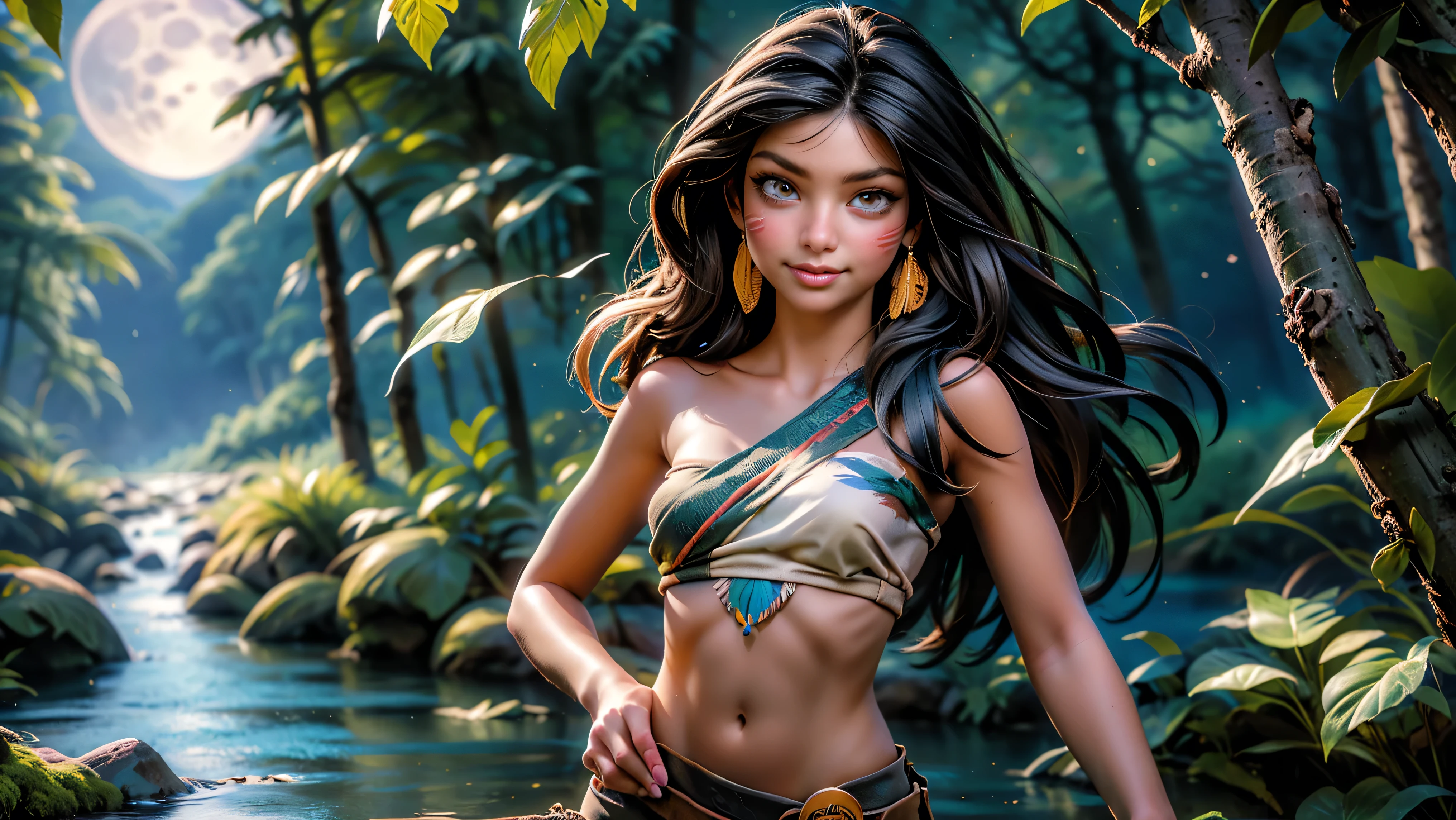 ((1girl)), ((solo)), (cute girl), (young girl), (), ((young)), native American alone at night in the forest, ((face paint)), ((dark skin)), adorned with beads and feathers, moonlight, ((brown eyes)), ((dark eyes)), ((beautiful face)), ((Long black hair)) ((straight hair)), ((feathers hanging from her hair)), ((small breast)), ((exposed breast)), upper body, ((slim waist)), ((standing upright in a river in the forest with the moonlight steaming through the leaves)), ((sexy pose)), navel, ((no top)), seductive smile, waterfall in the background, ((vibrant colors)),