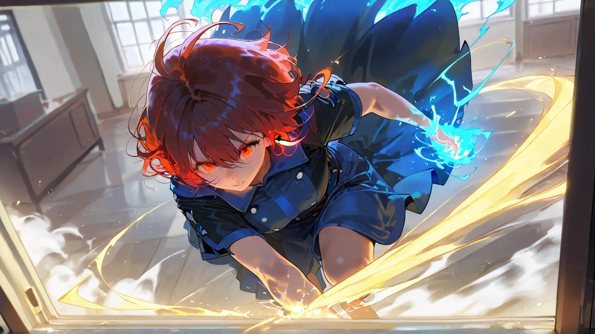 surrealism, Anatomically correct, masutepiece, Textured skin, Super Detail, high details, Best Quality, awardwinning, hight resolution, 8K,wide Shots, Full Body Magic School Uniform,28-year-old woman, makima, red hair, water magic,Girl manipulates water、There is a blue magic light in the hand, Use the magic of water,Blue light water magic from the hand of a girl extinguishing flames,Water Girl Fight,There is a big fire in the city,Flames looming over the cityslim figure,extremely detailed eye and face、beatiful detailed eyes,Realistic,Beautiful skins,Beautuful Women,finely detailThe tip of the hand is affected by the magical blue light of the water、Water gathers in hands with blue light, overpowered, Smooth Anime CG Art, red hair, Soft lighting, 4k anime wallpaper, Anime art wallpaper 8k, Cute anime girl, energic poses, white shirt with tie