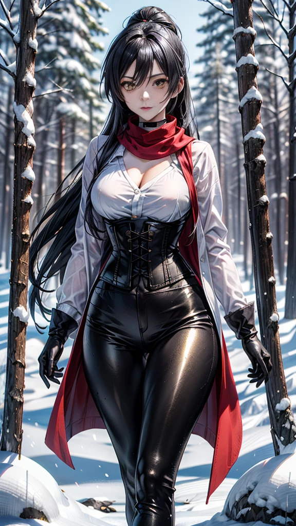 (Masterpiece, high quality), long black fur, with slightly messy bangs.  Dark,  Perfect eyes, detailed eyes with red pupils, perfect face, detailed face, detailed lips, red lips, Slim structure.  She wears shiny black leggings., black boots, and a long-sleeved white button-down shirt. He has an ax in his right hand, big breasts, perfect legs, dark hallway, at night 