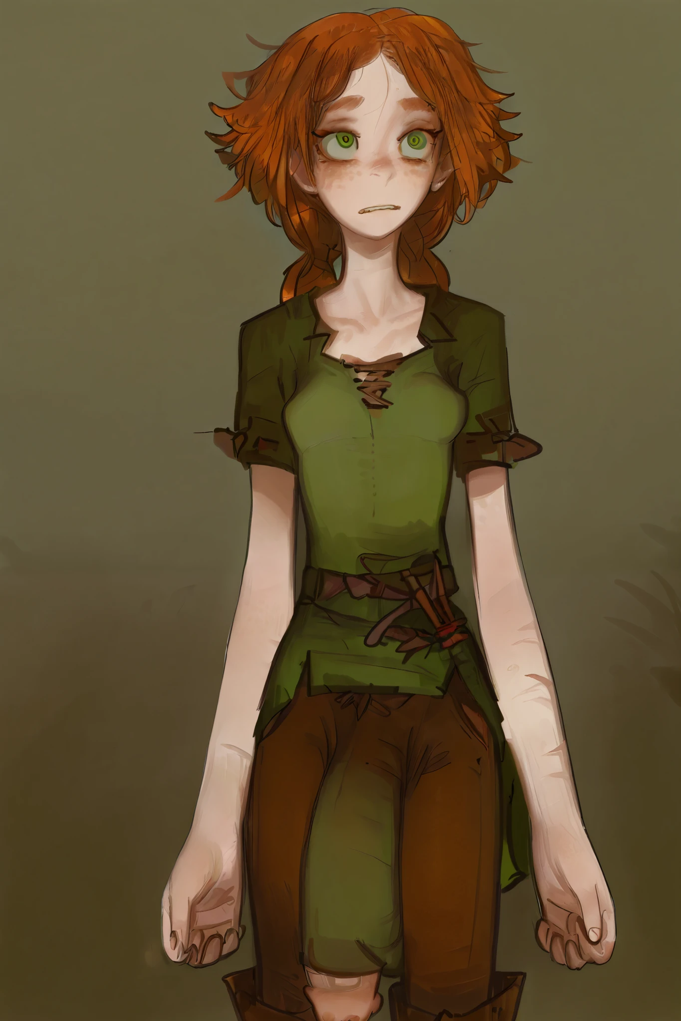 1futa, 1girl, huntress, straight hair, hair flaps, round eyes, freckles, round eyes, scar on chest, scar on arm, slender, graceful. Small breasts, narrow waist, athletic, slim fit, Tan skin, orange hair, green eyes, green tunic, brown pants, huge penis outline, dim background. By mossacannibalis, masterpiece, (masterpiece: 1.0), best quality, perfect anatomy, perfect composition, perfection, 4k resolution, absurdres, very aesthetic, professional artwork, absolutely beautiful,