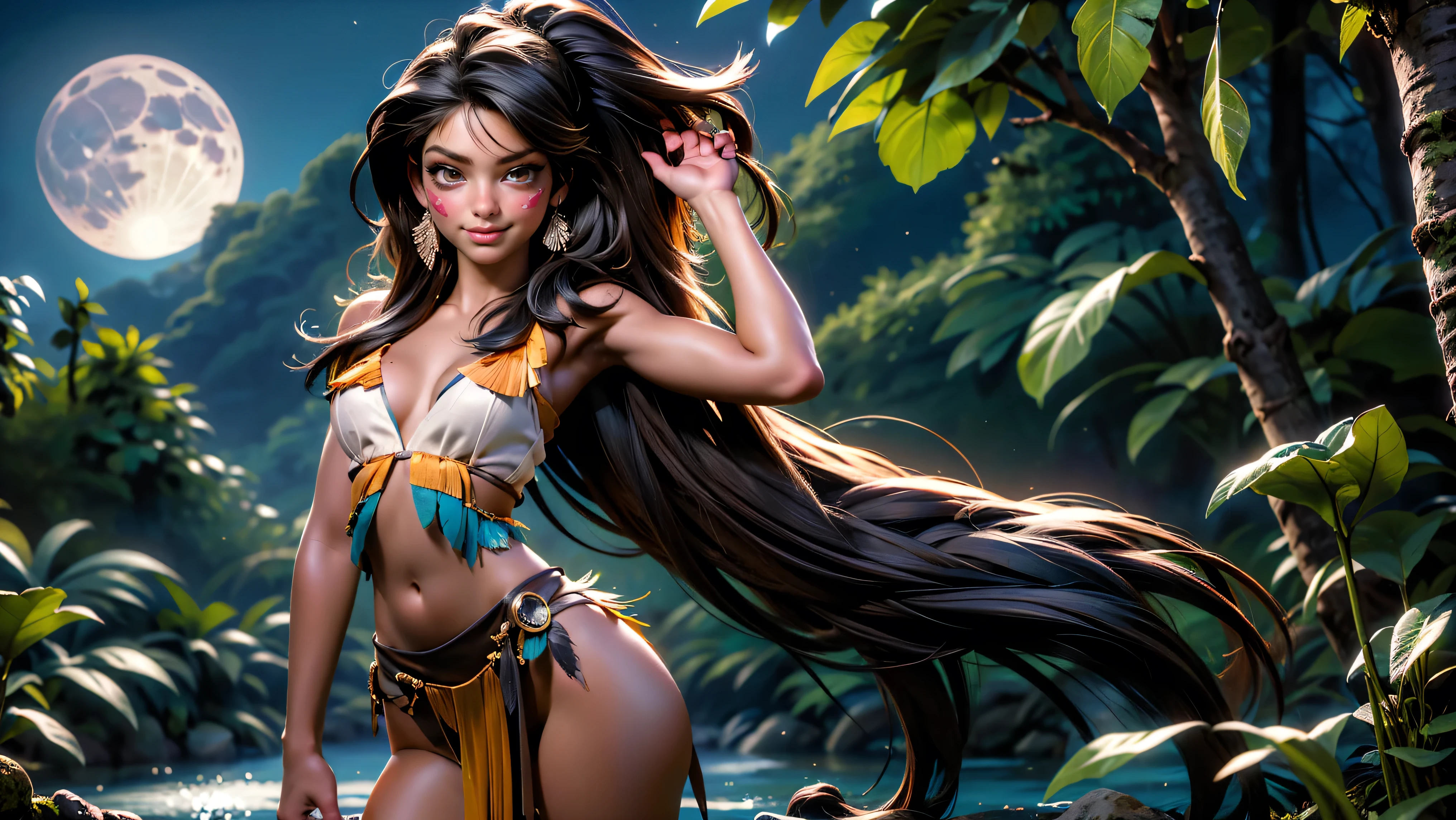 ((1girl)), ((solo)), (cute girl), (young girl), (), ((young)), native American alone at night in the forest, ((face paint)), ((dark skin)), adorned with beads and feathers, moonlight, ((brown eyes)), ((dark eyes)), ((beautiful face)), ((Long black hair)) ((straight hair)), ((feathers hanging from her hair)), ((small breast)), ((exposed breast)), upper body, ((slim waist)), ((standing upright in a river in the forest with the moonlight steaming through the leaves)), ((sexy pose)), navel, ((no top)), seductive smile, waterfall in the background, ((vibrant colors)),