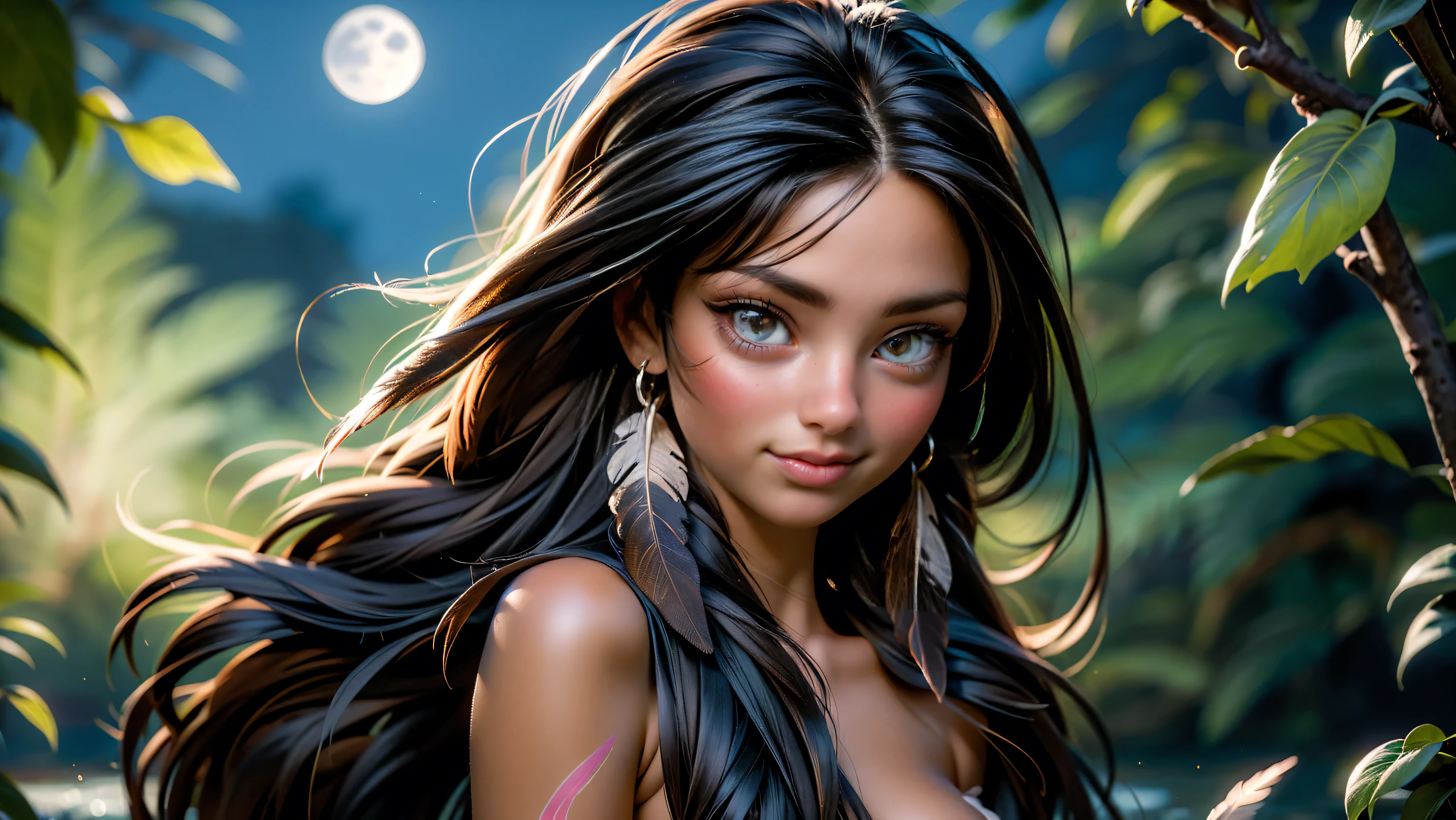 ((1girl)), ((solo)), (cute girl), (young girl), (), ((young)), native American alone at night in the forest, ((face paint)), ((dark skin)), adorned with beads and feathers, moonlight, ((brown eyes)), ((dark eyes)), ((beautiful face)), ((Long black hair)) ((straight hair)), ((feathers hanging from her hair)), ((small breast)), ((exposed breast)), upper body, ((slim waist)), ((standing upright in a river in the forest with the moonlight steaming through the leaves)), ((sexy pose)), navel, ((no top)), seductive smile, waterfall in the background, ((vibrant colors)),