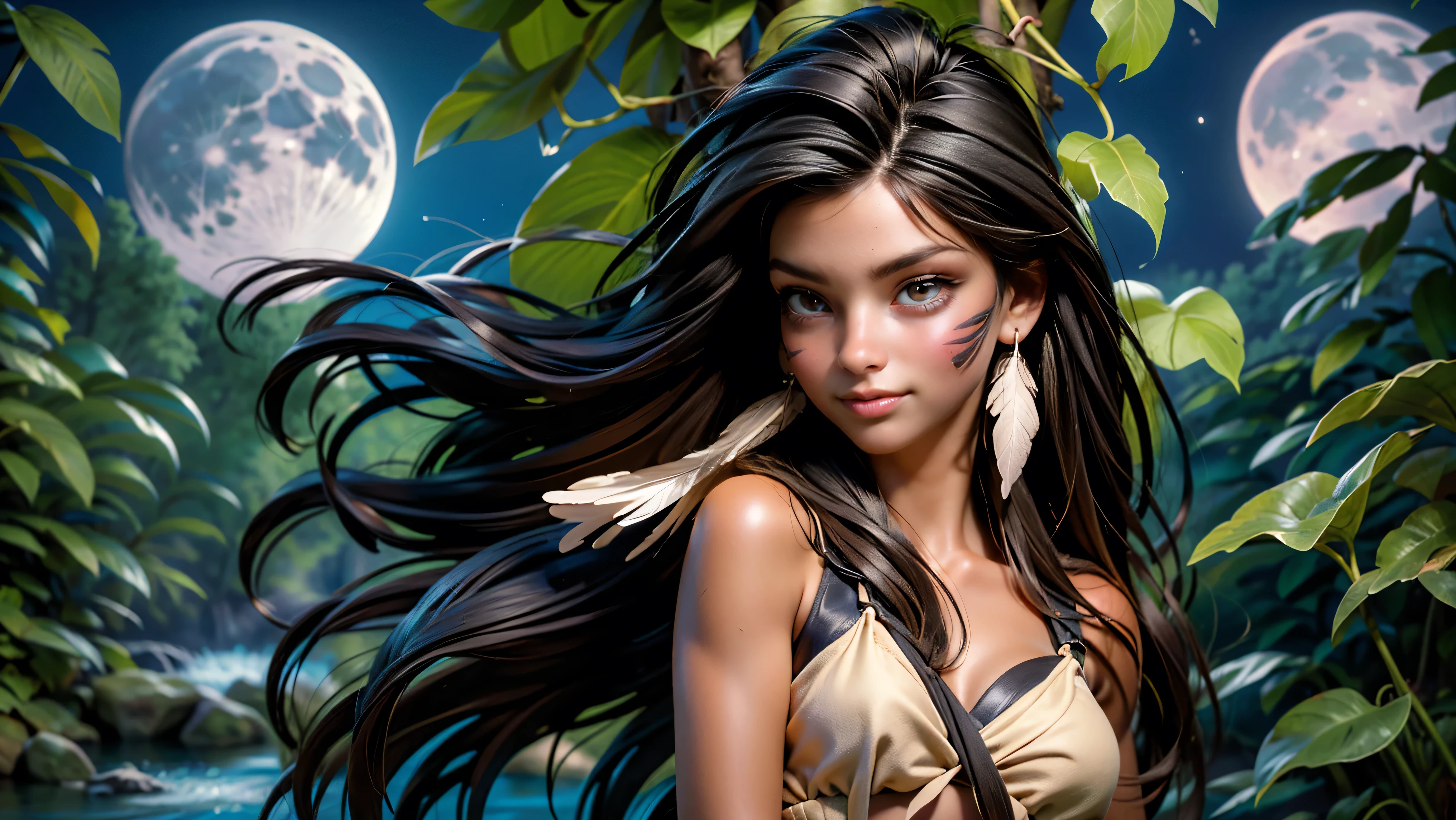((1girl)), ((solo)), (cute girl), (young girl), (), ((young)), native American alone at night in the forest, ((face paint)), ((dark skin)), adorned with beads and feathers, moonlight, ((brown eyes)), ((dark eyes)), ((beautiful face)), ((Long black hair)) ((straight hair)), ((feathers hanging from her hair)), ((small breast)), ((exposed breast)), upper body, ((slim waist)), ((standing upright in a river in the forest with the moonlight steaming through the leaves)), ((sexy pose)), navel, ((no top)), seductive smile, waterfall in the background, ((vibrant colors)),
