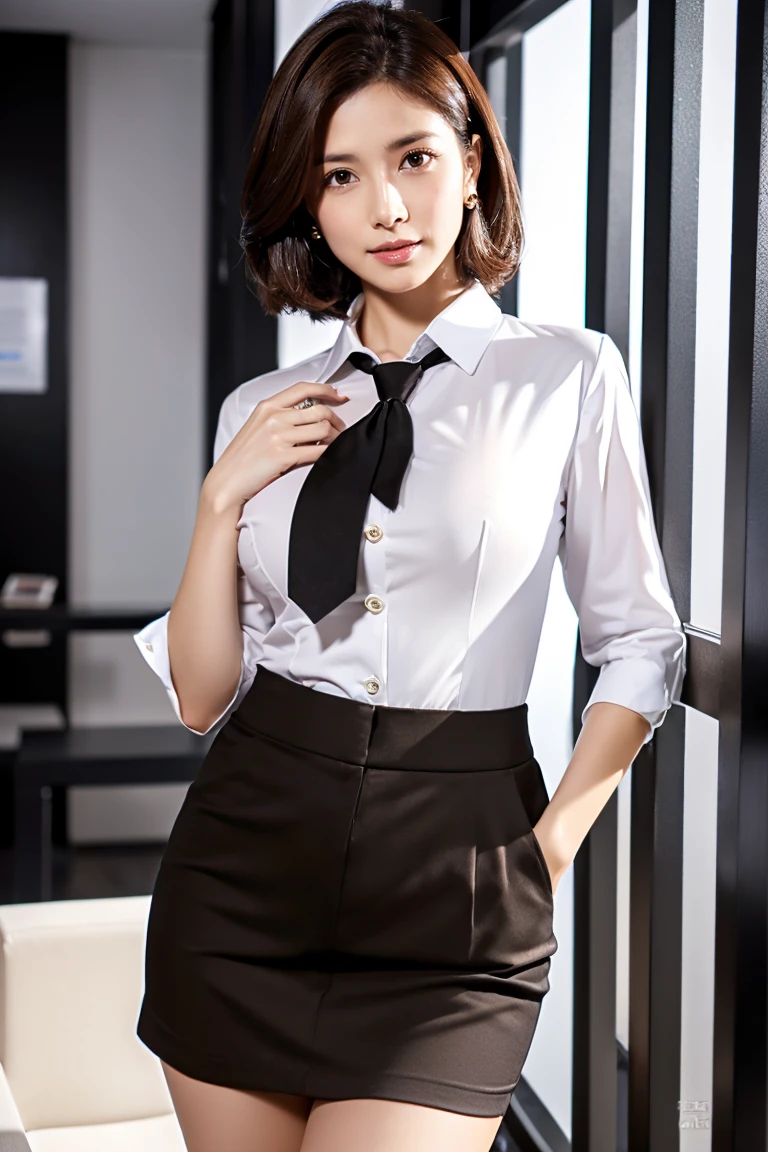 Medium Size Display, Medium Shot, Written boundary depth, Photograph the whole body, Movie angle, masterpiece, Highest quality, Very detailed, CG, 8k wallpaper, Beautiful Face, Delicate eyes, Otome, alone, smile, bangs, have,Business Blouse,Business Skirt、  bouquet、High heels