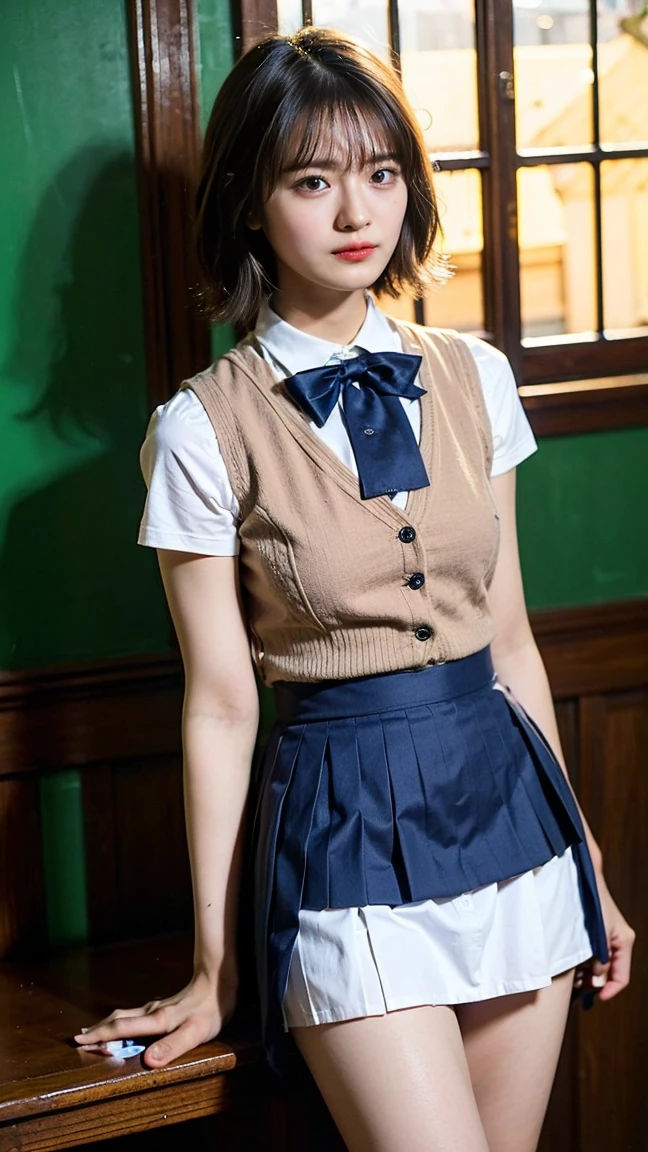 (highest quality,4K,8K,High resolution,masterpiece:1.2),Super detailed,(genuine,genuineistic,genuineistic:1.37)、Japanese female one person、Transcendently beautiful、((24-years-old))、(((smile)))、((She has her legs spread and the hem of her skirt moves:1.44))、(show me her panties:1.2)、((It's blonde hair))((Black hair around the hairline:1.2))、((One bun hair:1.2))、((navy blue cloth vest:1.25))、((Short pleated skirt in dark blue:1.4))、((White long sleeve cutter shirt:1.25))、((Warm colored tartan check ribbon bow tie:1.2))、((Close-up of the crotch from below:1.45))、looking at the camera、 (A hallway with slot machines on both sides in the background:1.2)、