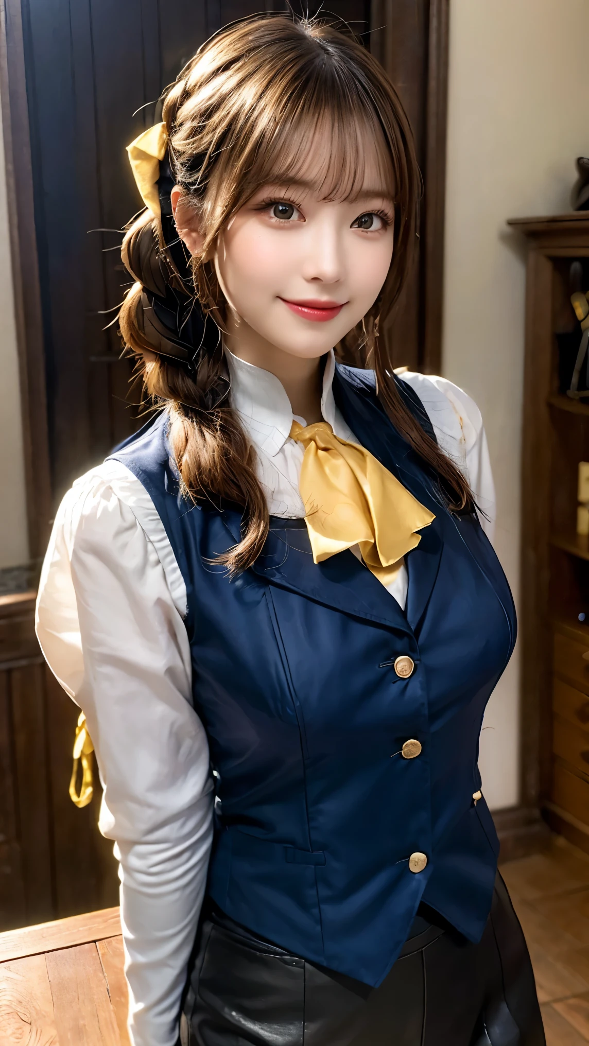 ((Best quality, 8k, Masterpiece: 1.3)), A cheerful and adventurous female receptionist from a fantasy hunting guild, inspired by the 'Monster Hunter' series. She has a warm smile and bright, expressive eyes. She wears a detailed, fantasy-style uniform with leather straps, a high-collared vest, and a stylish scarf. Her outfit includes intricate embroidery, pouches, and a book for recording hunting quests. Her hair is neatly tied with a decorative hairpiece, complementing her energetic and helpful personality. The background features a lively guild hall filled with wooden furniture, maps, and hunting trophies, creating an immersive fantasy setting. The lighting is warm and inviting, emphasizing her friendly and enthusiastic demeanor