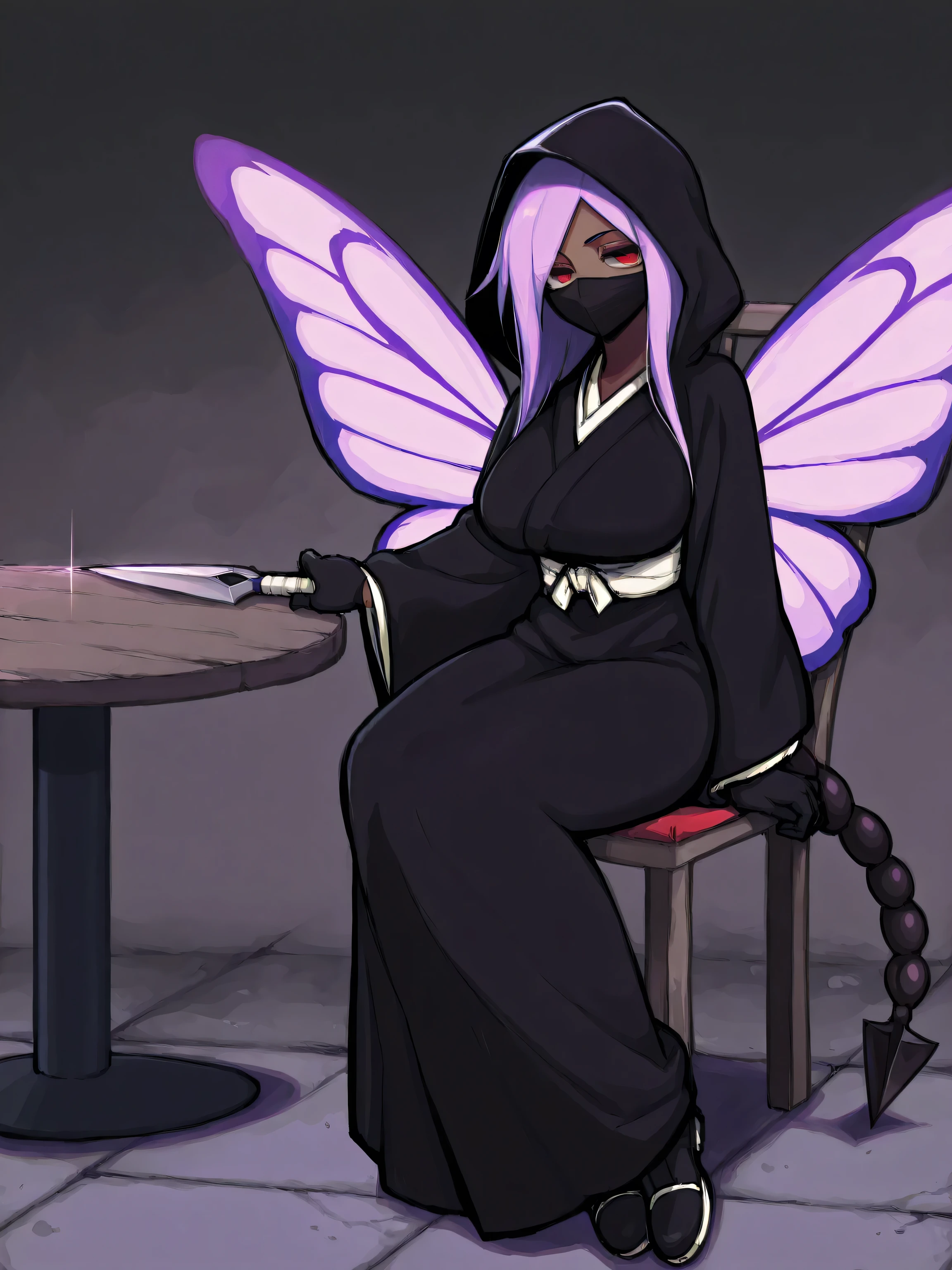 very dark environment, large purple butterfly wings, sitting down on chair, table, black cloak, hood up, dark skin, long black kimono dress, 1girl, dark room, holding dagger, , long kimono skirt, dark prison, large black scorpion tail, short purple hair, black gloves, red eyes, kunai, purple hair, boots, butterfly purple wings, very long black kimono, huge black kimono, mouth mask, best quality, amazing quality, highres, absurdres,score_9, score_8_up, score_7_up,source_anime,BREAK,masterpiece, bleach_shinigami