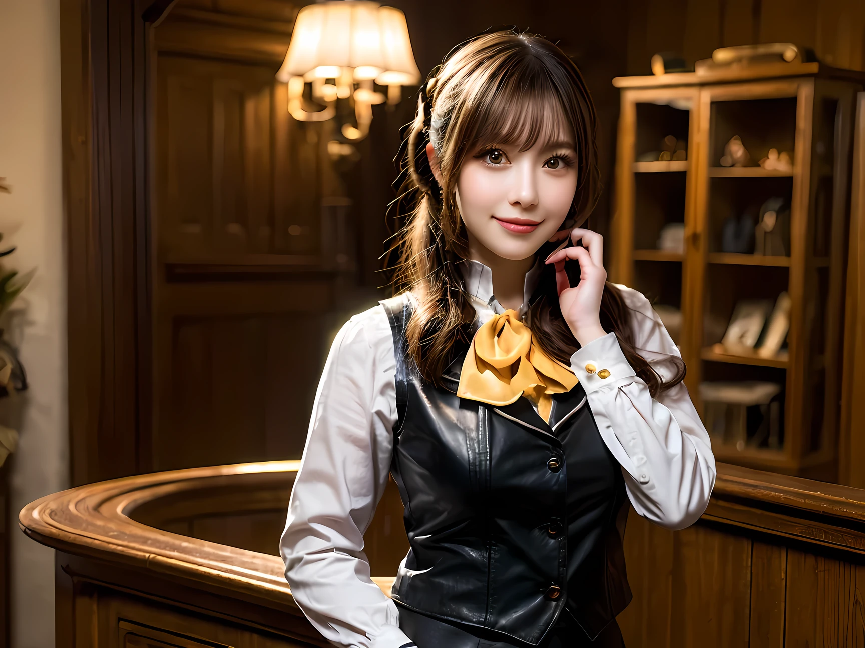 ((Best quality, 8k, Masterpiece: 1.3)), A cheerful and adventurous female receptionist from a fantasy hunting guild, inspired by the 'Monster Hunter' series. She has a warm smile and bright, expressive eyes. She wears a detailed, fantasy-style uniform with leather straps, a high-collared vest, and a stylish scarf. Her outfit includes intricate embroidery, pouches, and a book for recording hunting quests. Her hair is neatly tied with a decorative hairpiece, complementing her energetic and helpful personality. The background features a lively guild hall filled with wooden furniture, maps, and hunting trophies, creating an immersive fantasy setting. The lighting is warm and inviting, emphasizing her friendly and enthusiastic demeanor