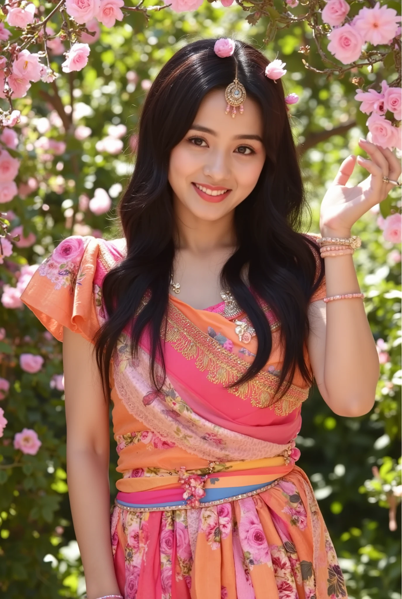 This is a lush, high-definition photograph of an Indian woman posing amidst a blooming garden. She has a warm, golden complexion, her long, silky black hair styled in loose waves and adorned with fresh flowers. Her eyes are almond-shaped and a deep chocolate brown, and her makeup is subtle yet striking, with a hint of shimmer on her eyelids and a soft pink lip color. She wears a vibrant, floral-print sari in shades of pink, orange, and gold, and her jewelry includes delicate bangles, a matching necklace, and a flower crown. The garden is a riot of colors, with blooming flowers of every hue and the scent of jasmine in the air. The lighting is natural and soft, with the sun casting dappled shadows through the leaves and highlighting the woman's radiant beauty. The overall mood of the image is joyful and celebratory, capturing the woman's radiant smile and the vibrant life of the garden around her.