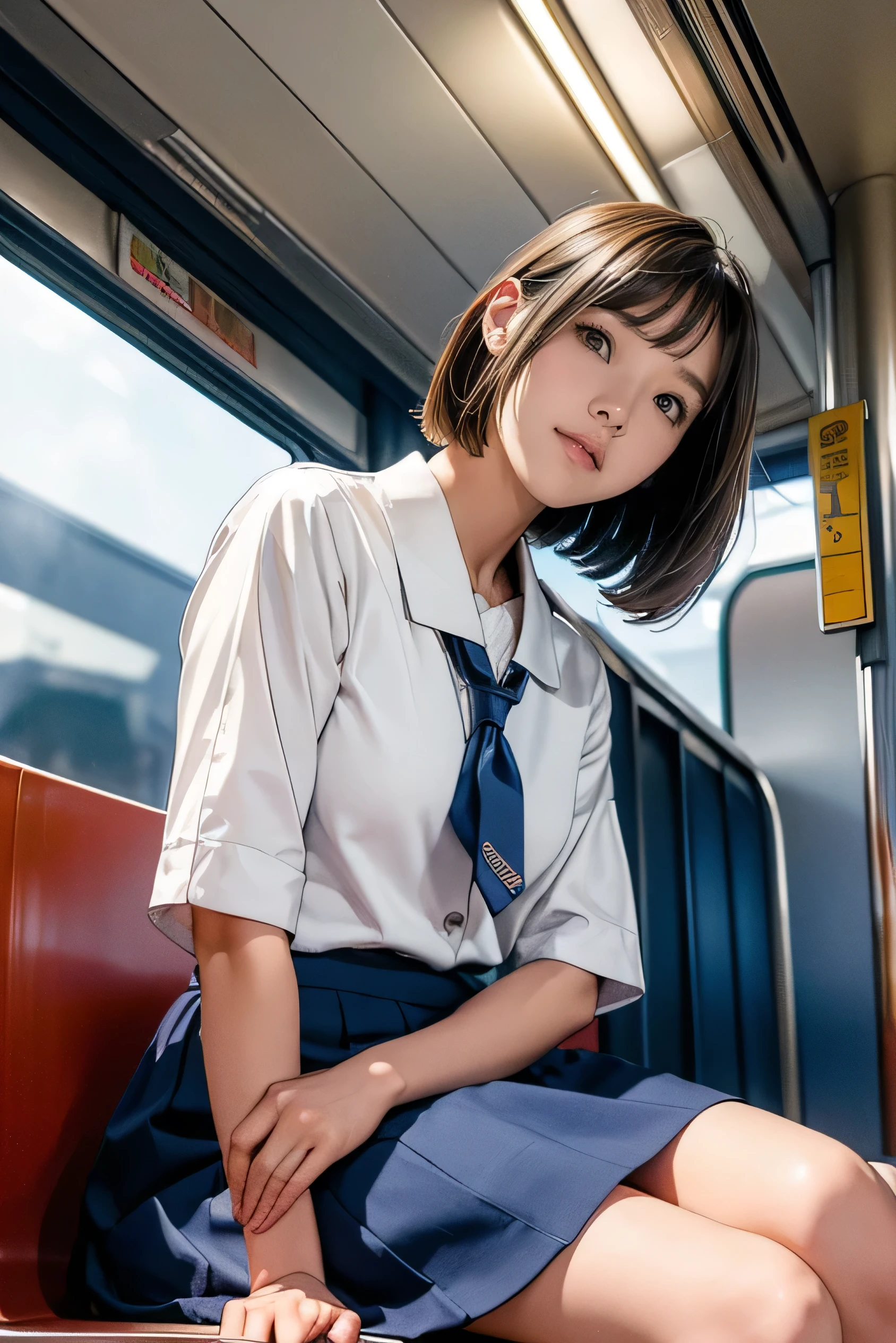 High-resolution images, Atmospheric perspective, 8k, Very detailed, Accurate, Highest quality,
1 girl, alone, chest, Looking at the audience, (Looking at the audience,:1.5),
Brown Hair, Brown eyes, parted lips, smile、underwear, panties, (Japanese School Uniform),
(Navy blue mini skirt), (sit in a train seat:1.5), (Spread your legs to the side:1.4)、underwear, panties, parted lips,
lips, (Navy Blue Skirt), Full Body Shot, (((Spread your legs))), Showing sexy 、(whiteの panties:1.5), Realistic ,
(white, Collared shirt, Ribbon tie),
(Do not expose your upper body:1.5),((Ceiling From below:1.2))、((From below:1.38))、
(Turn your body towards the viewer:1.5) , (From below, look up:1.5), ((13-year-old girl, Short Bob))
