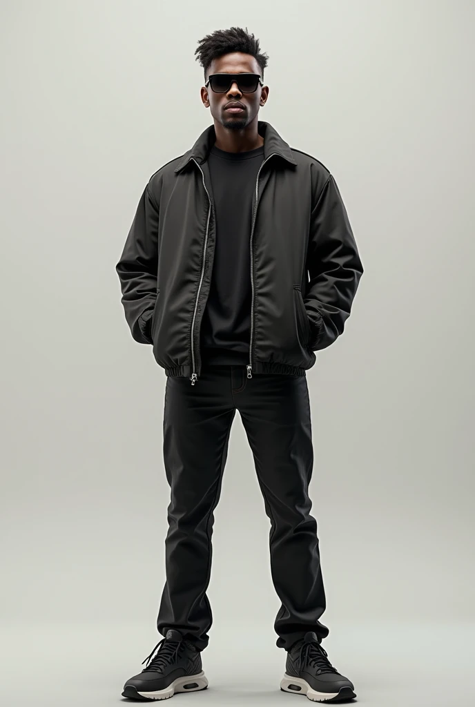 a man in a jacket and sunglasses standing with his hands in his pockets, a digital rendering inspired by Willian Murai, pexels, digital art, black age boy, full body full height, full body picture, full body photograph, casual pose, digital art - w 640, full body photgraph, full body model, full body photoshoot