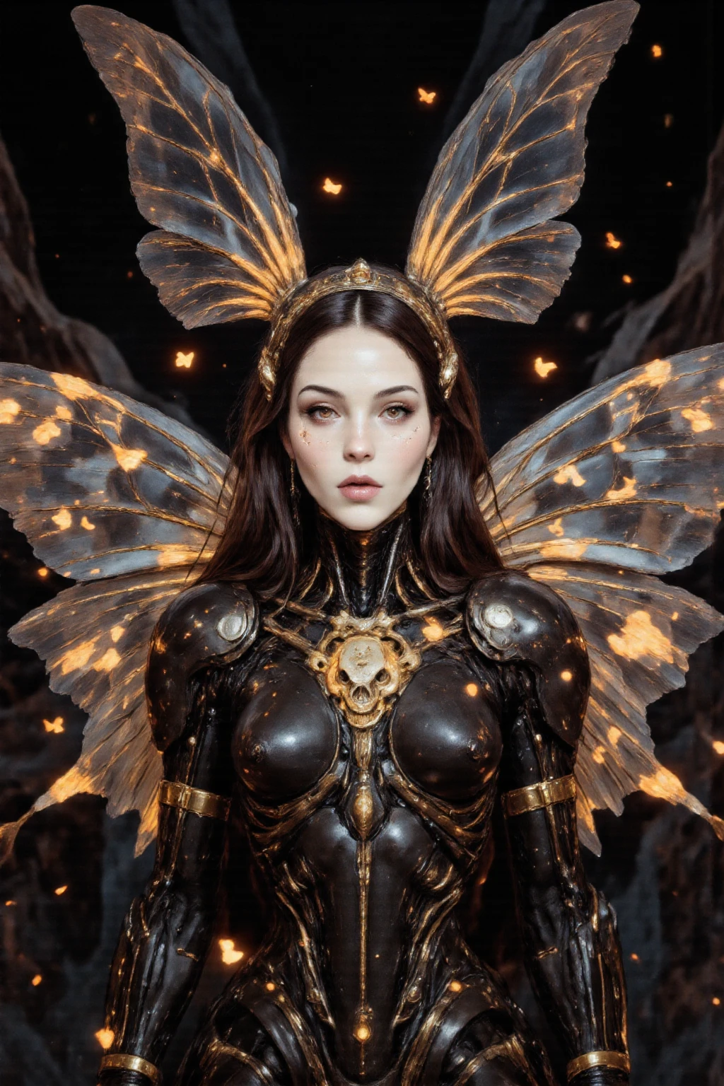 full body shot from behind showing wings attached to a beautiful back of the cyborg with brown hair, intricate, elegant, highly detailed, majestic, digital photography, wings attached to the back, art by artgerm and ruan jia and greg rutkowski surreal painting gold butterfly filigree, broken gsterpiece, sidelighting, finely detailed beautiful nightmare:1.2), hdr, god rays, ray tracing, Realism, best quality, 16k, highres, textured skin, super detail, shot from behind.