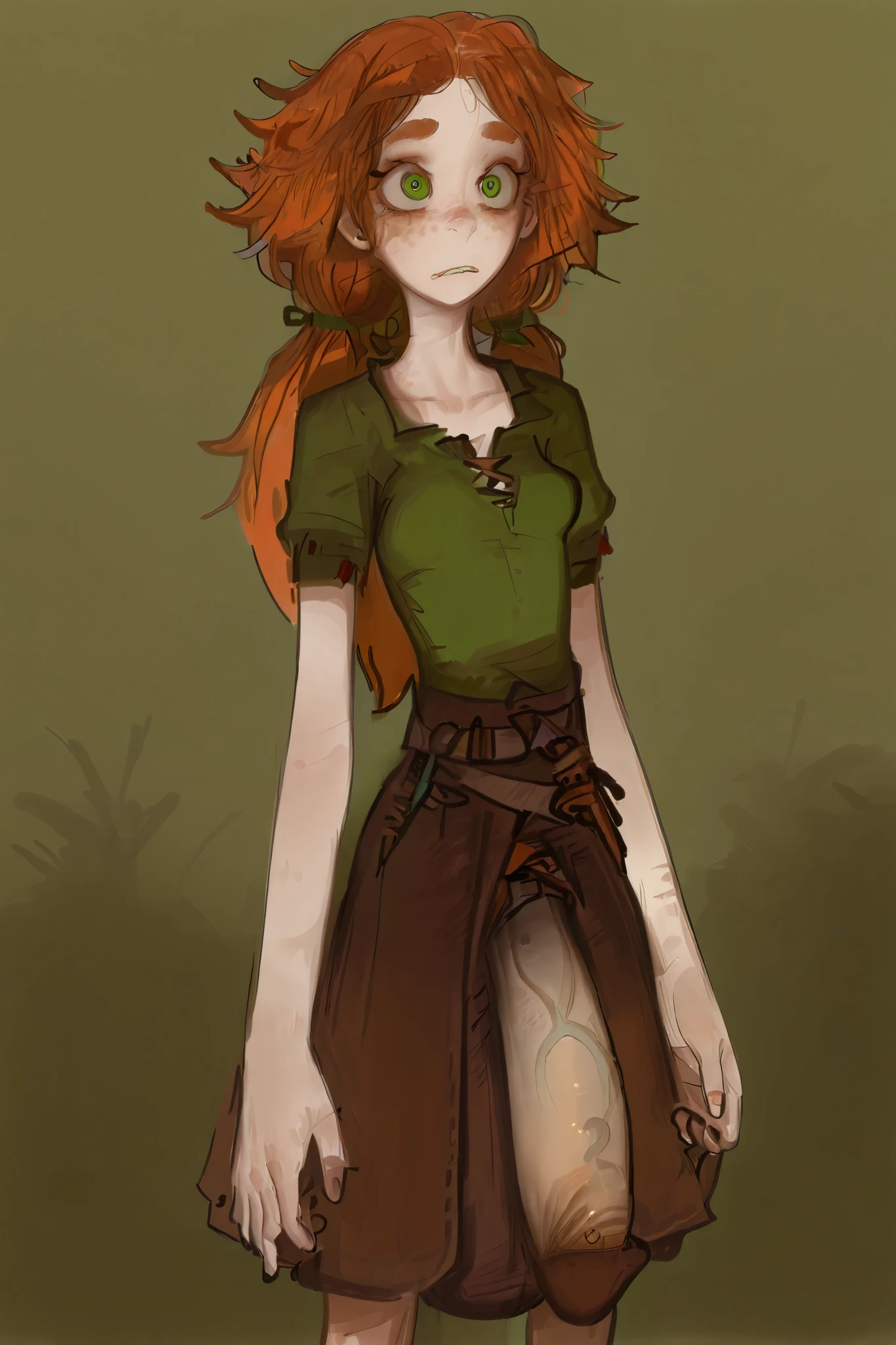 1futa, 1girl, huntress, straight hair, hair flaps, round eyes, freckles, round eyes, scar on chest, scar on arm, slender, graceful. Small breasts, narrow waist, athletic, slim fit, Tan skin, orange hair, green eyes, green tunic, brown skirt, huge penis outline, dim background. By mossacannibalis, masterpiece, (masterpiece: 1.0), best quality, perfect anatomy, perfect composition, perfection, 4k resolution, absurdres, very aesthetic, professional artwork, absolutely beautiful,