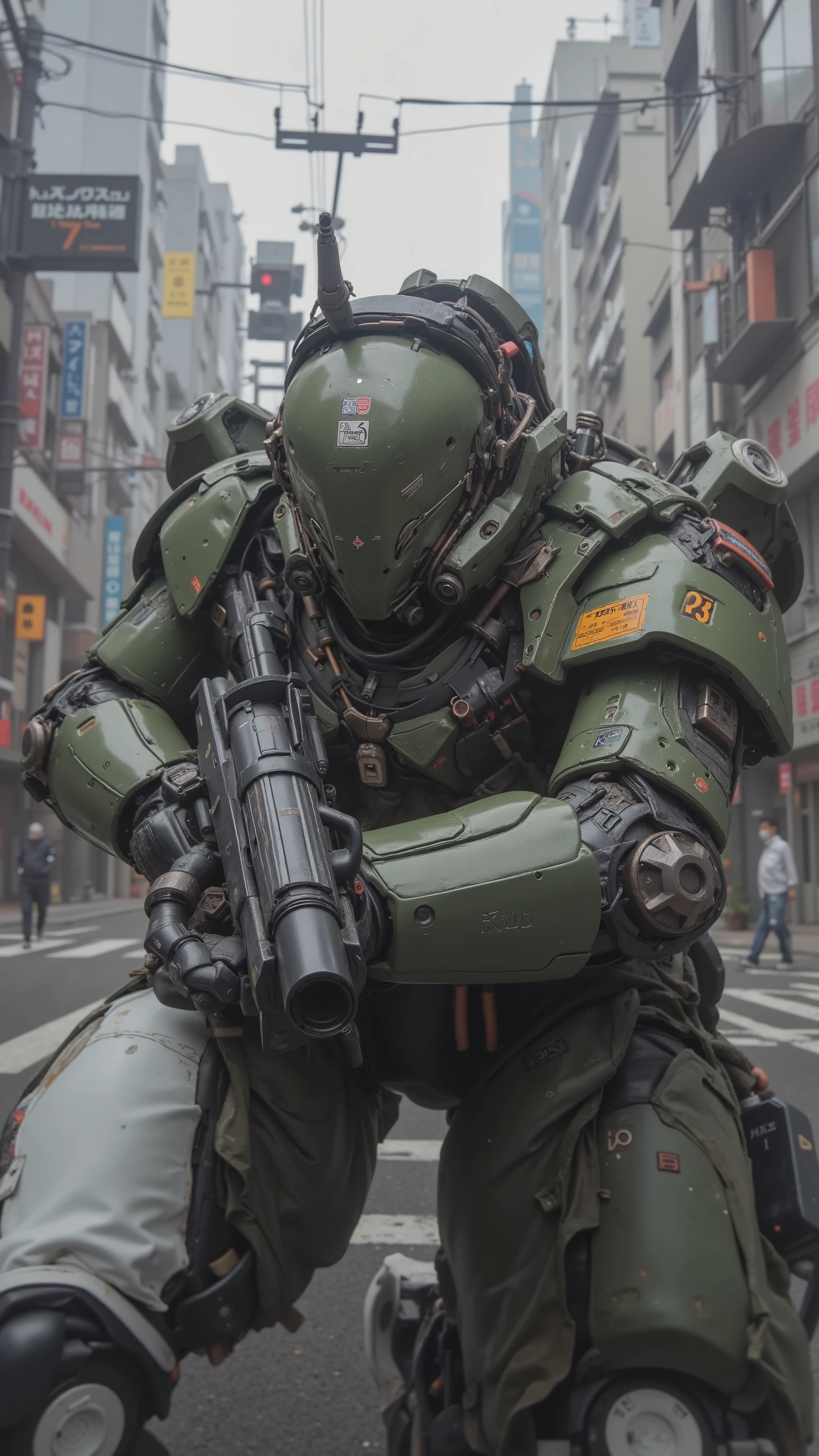 from above、 Fisheye 、8k, feels just like the real thing 、 Super Realism 、 realistic pictures、 moss green combat armored robot、straight line, Rugged design、Unit paint and identification number 、 dynamic pose、Slender Gundam type robot 、profile、 upper body、Tokyo cityscape、