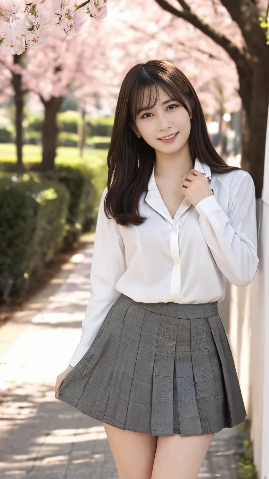 (Best Quality, masutepiece, Ultra HD: 1.3, High brightness, High color saturation), 1girl in, (middlebreasts), light brown hair, Asymmetrical hair, straight haired, Long hair, ( slender body shape, Constricted waist), (Ultra Fine Face), Delicate lips, (beautidful eyes), thin blush, eyes are brown, perfect glossy skin, View here, Smiling smile, ( hide one's hands), (Sitting on a bench), (thin and long legs, Thighs and toes:1.5), See-through white blouse, black enamel tight skirt, (Black stockings), (a japanese girl, hposing Gravure Idol), Broad-leaved forest, 135 mm, Fuji Film