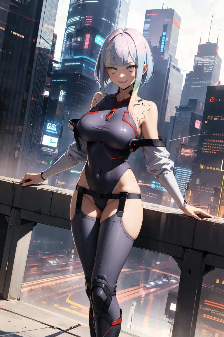 masterpiece, best quality, high resolution, gigantic, big body, lu1, cyborg, multicolored hair, makeup, bare shoulders, black leotard, high leg leotard, (thong:1.1), white jacket, open jacket, belt, shorts , shot of cowboy, cyberpunk, holding planet earth with hand, in space
