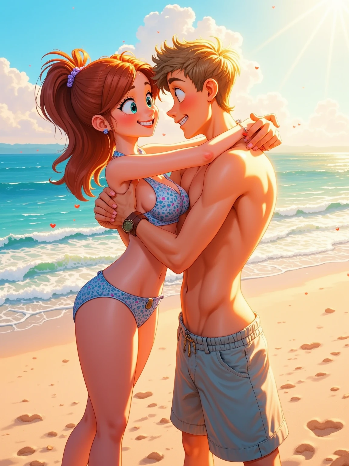 Draw a picture of a couple. They are both on the beach and are looking at each other., She is wearing a white bikini and he is wearing presto shorts, he has his hands on her waist and she is resting her hands on his shoulder. Being the boy of 1,80 tall with green eyes and having dark curly hair, your hair is short. And having 1,58 tall and brunette with brown eyes and her hair is long. Make a drawing in the format of Disney PIXAR animated drawings, em 2d