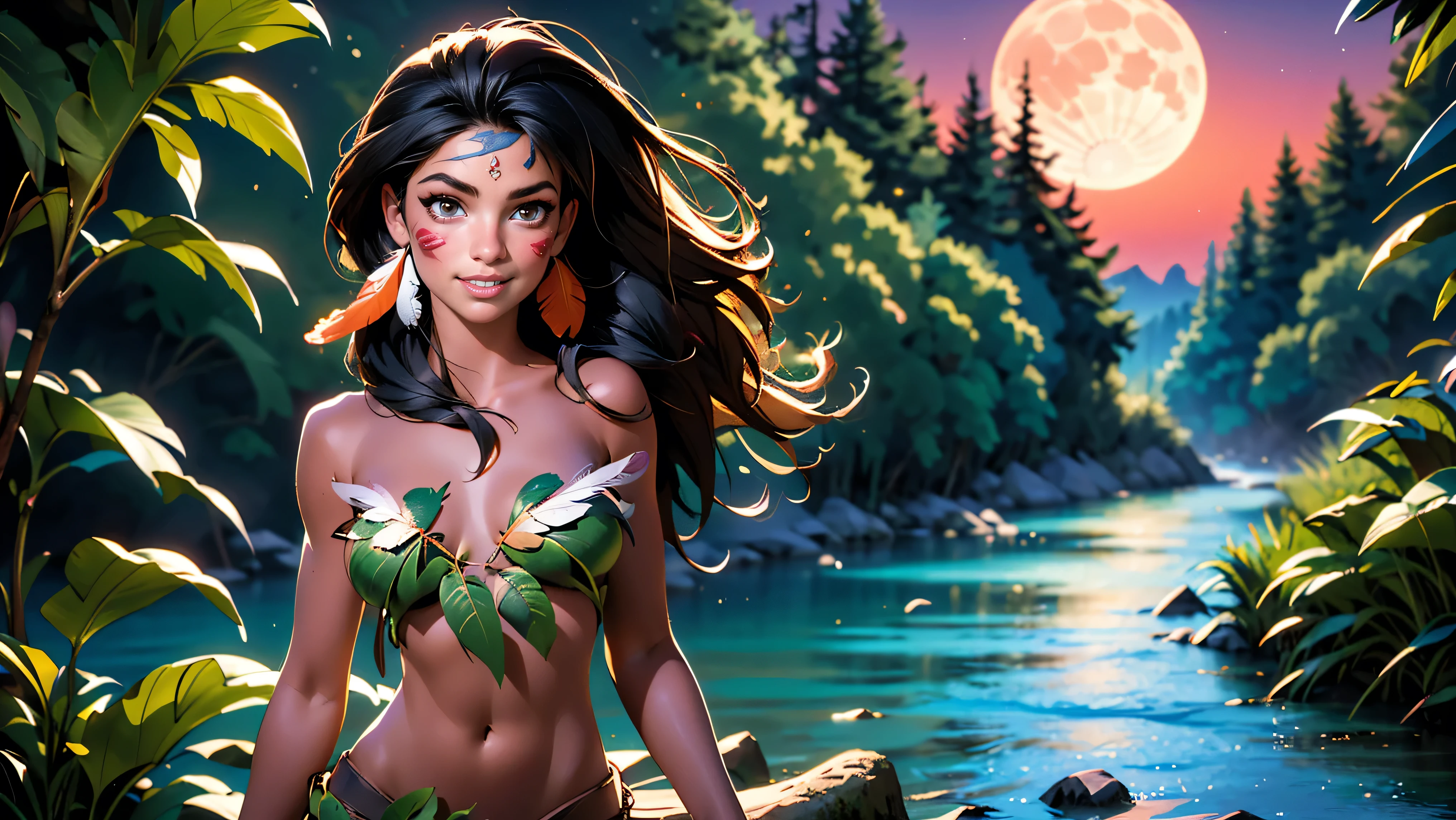 ((1girl)), ((solo)), (cute girl), (young girl), (), ((young)), native American alone at night in the forest, ((face paint)), ((dark skin)), adorned with beads and feathers, moonlight, ((brown eyes)), ((dark eyes)), ((beautiful face)), ((Long black hair)) ((straight hair)), ((feathers hanging from her hair)), ((small breast)), ((exposed breast)), upper body, ((slim waist)), ((standing upright in a river in the forest with the moonlight steaming through the leaves)), ((sexy pose)), navel, ((no top)), seductive smile, waterfall in the background, ((vibrant colors)),