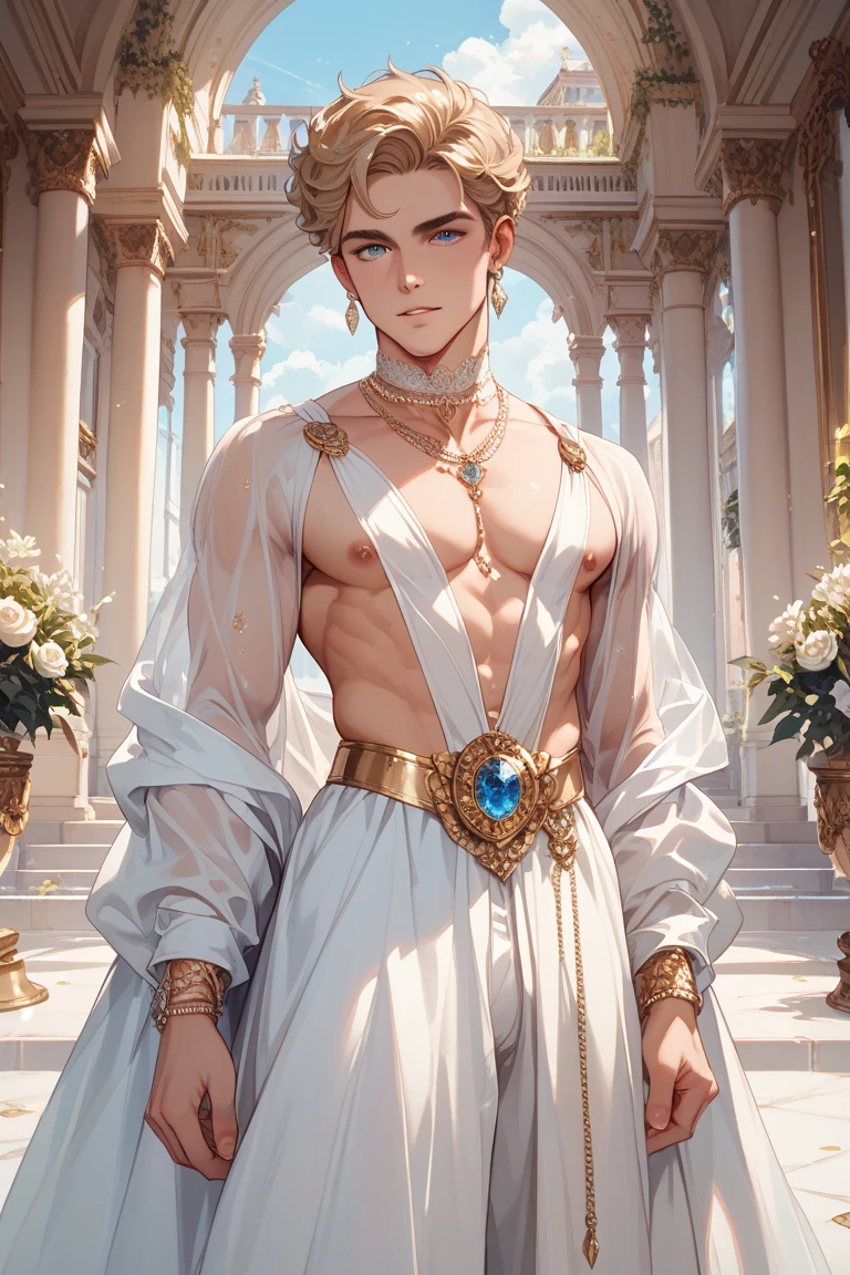 masterpiece, best quality, effeminate roman boy blond cutest in the world, feminine, delicate, blue eyes, around 16 to 20 years, super cute, dynamic pose, model, cool and seductive, dramatic lighting, sexy, white costume of ancient rome, submissive